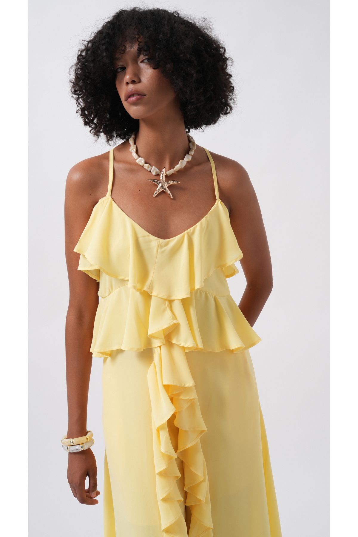 Black Fashion Askılı Fırfır Detay Asimetrik Tül Sarı Bluz