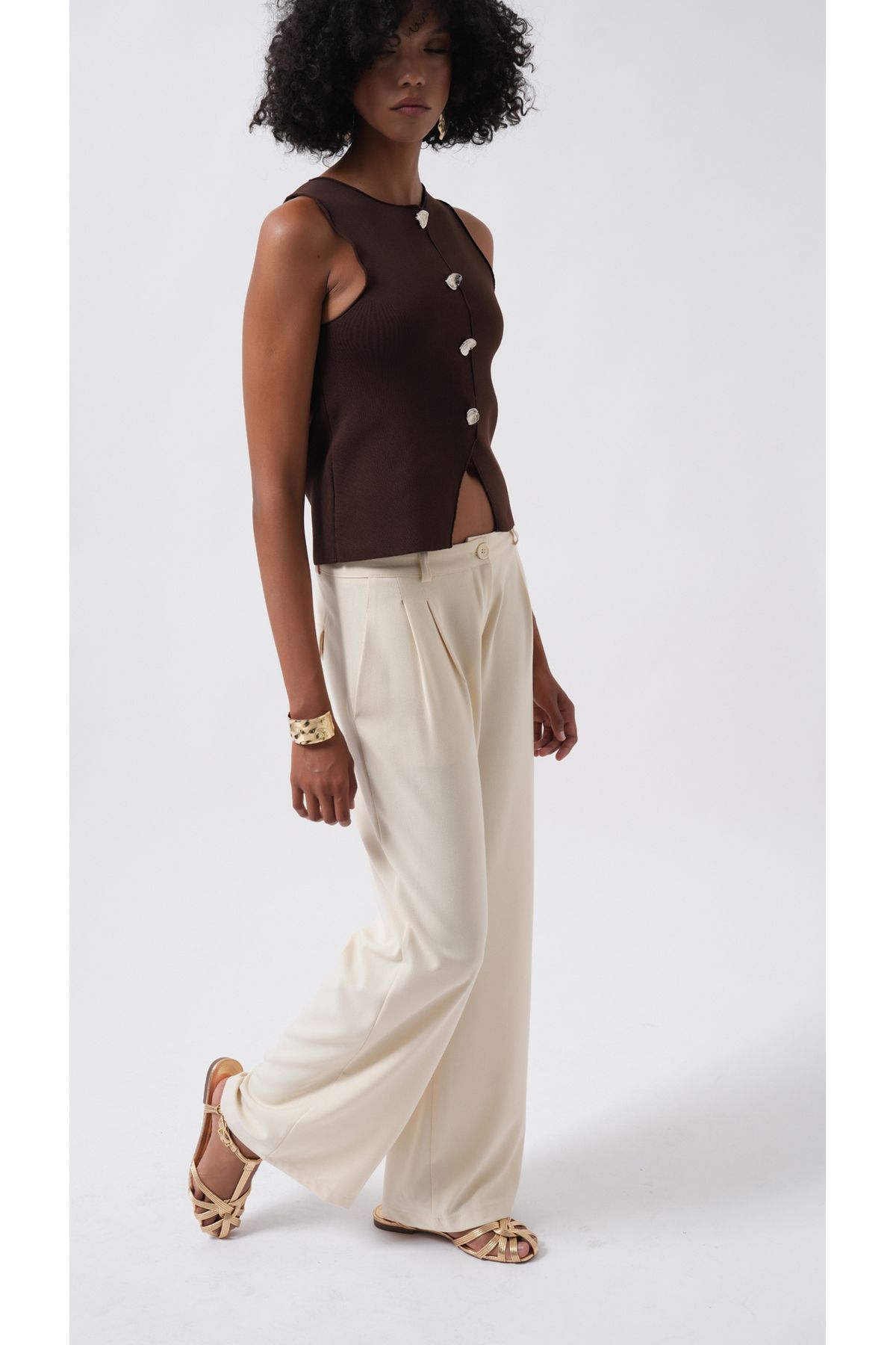 Black Fashion Çift Pileli Bol Paça Bej Pantolon