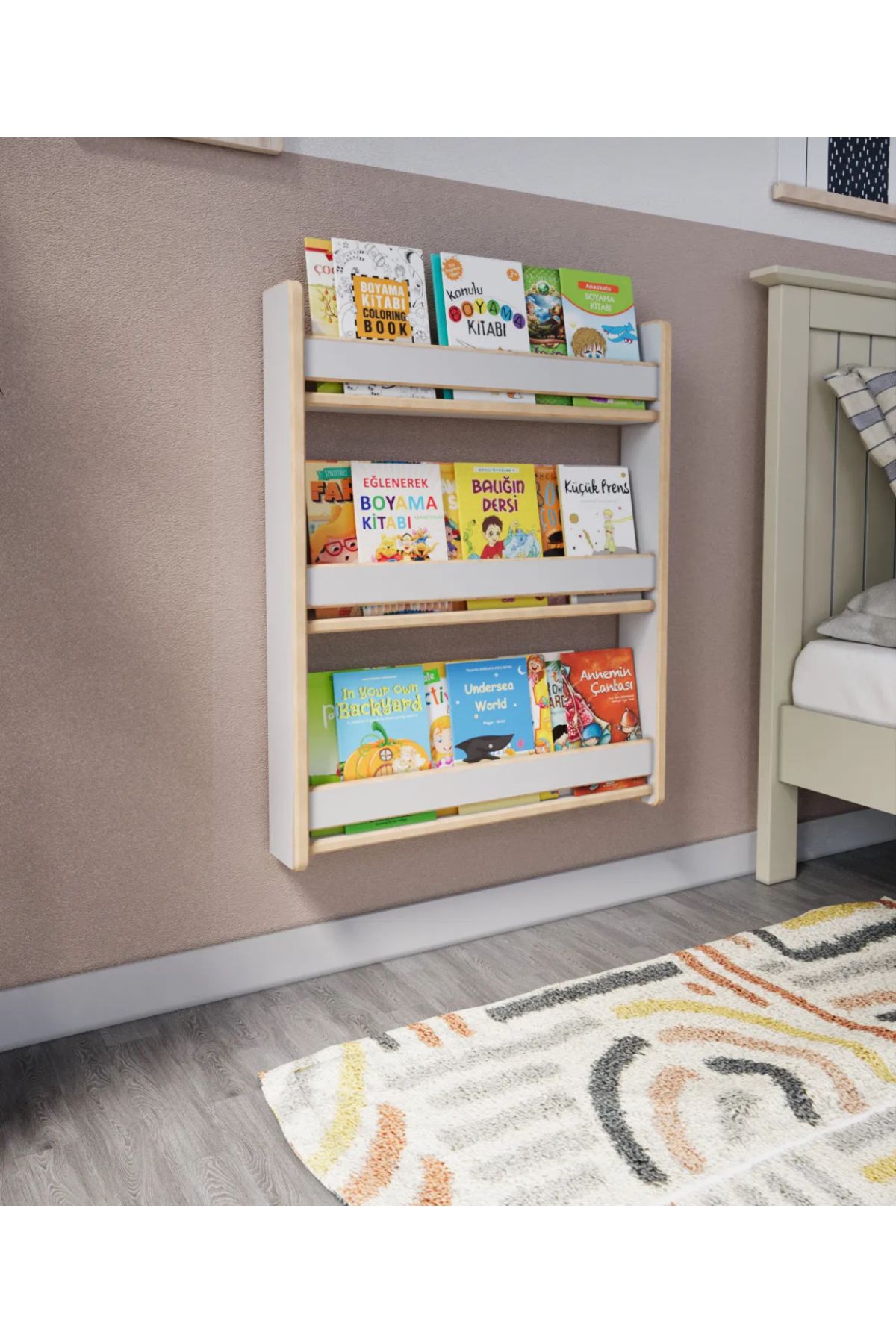 MatBeyaZ Montessori 3 raflı Mdf çocuk duvar rafı kitaplık 80 cm boy 60 cm en 12 cm derinlik