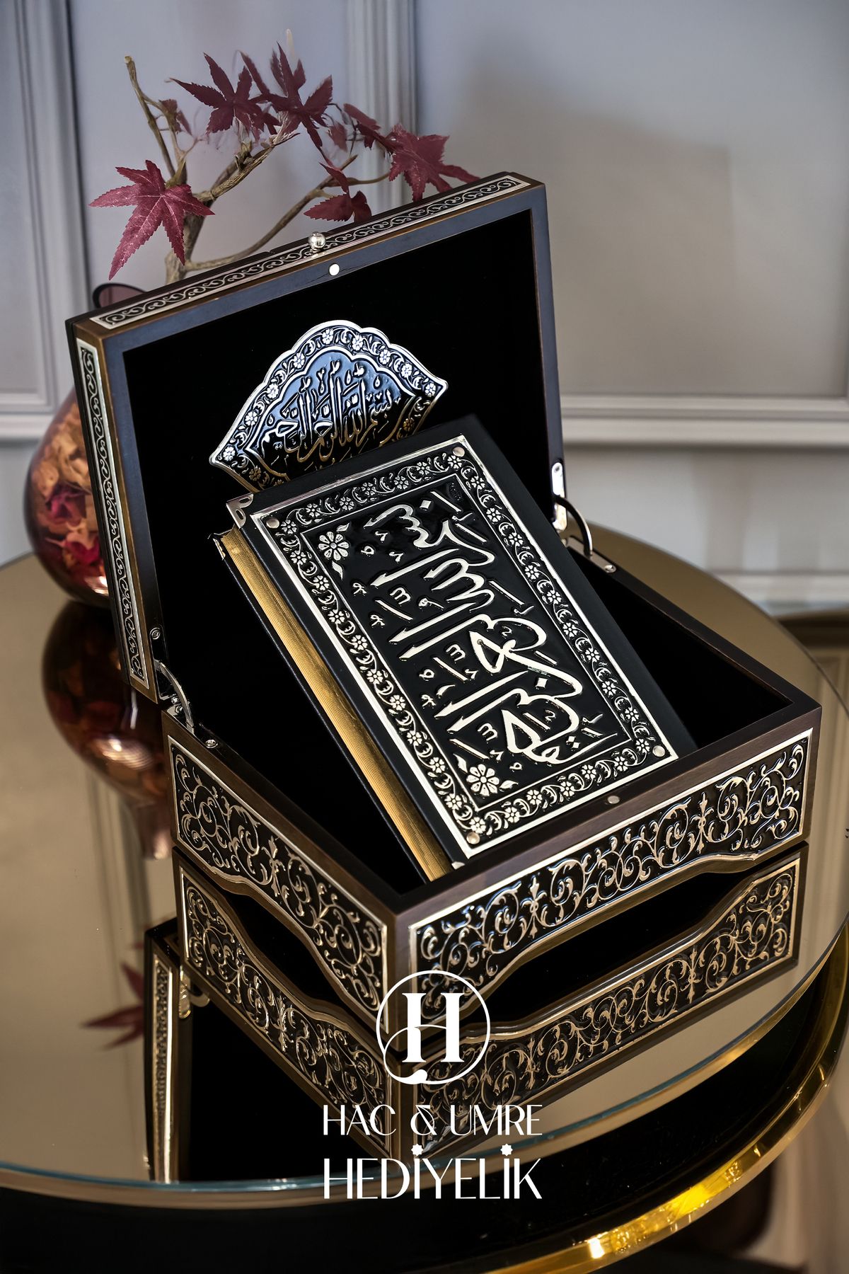 Hac Umre Hediyelik Kutulu Kuran, Kuranı Kerim, Hediyelik Kuran, 925 Gümüş İşlemeli Masif Ahşap Kutu ve Kuranı Kerim Set