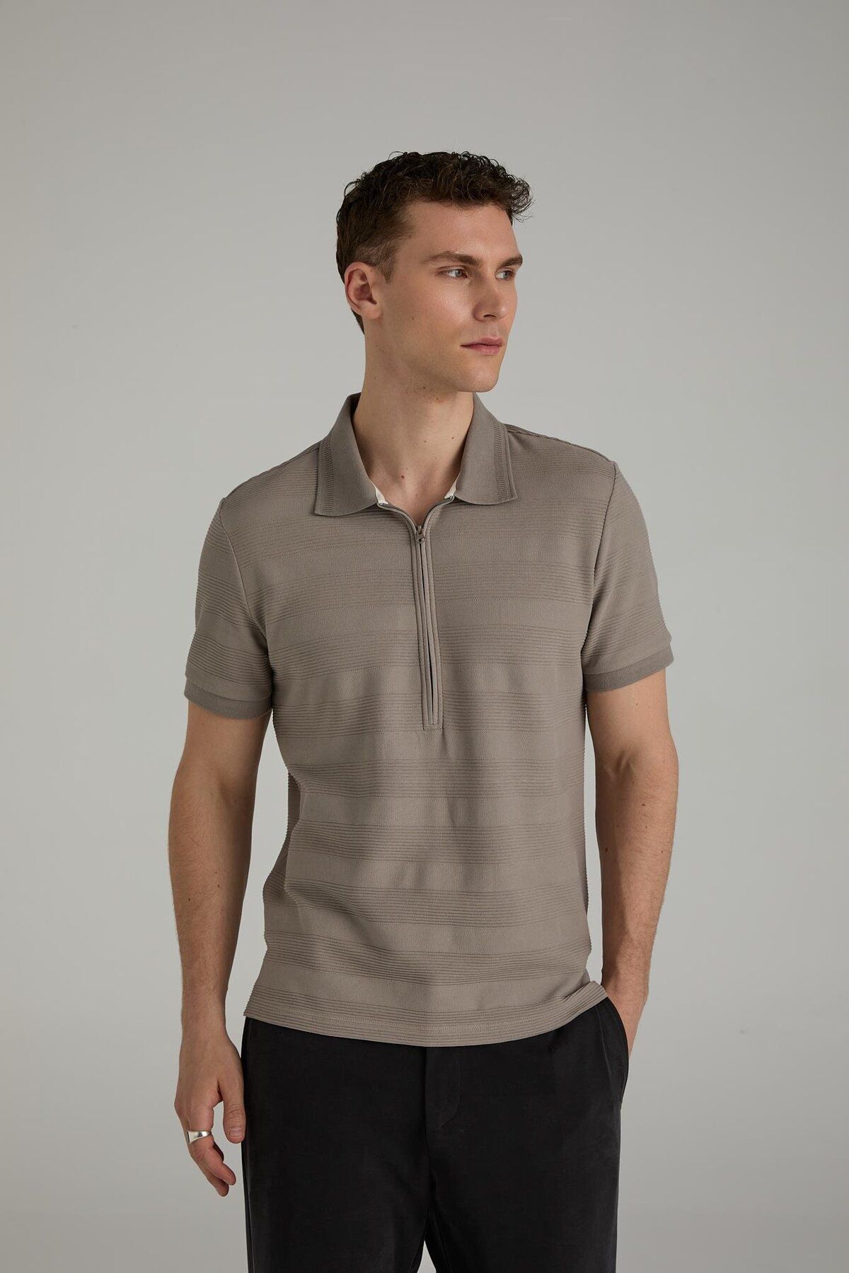 Brand Up BRANDUP Fermuarlı Çizgili Polo T-shirt