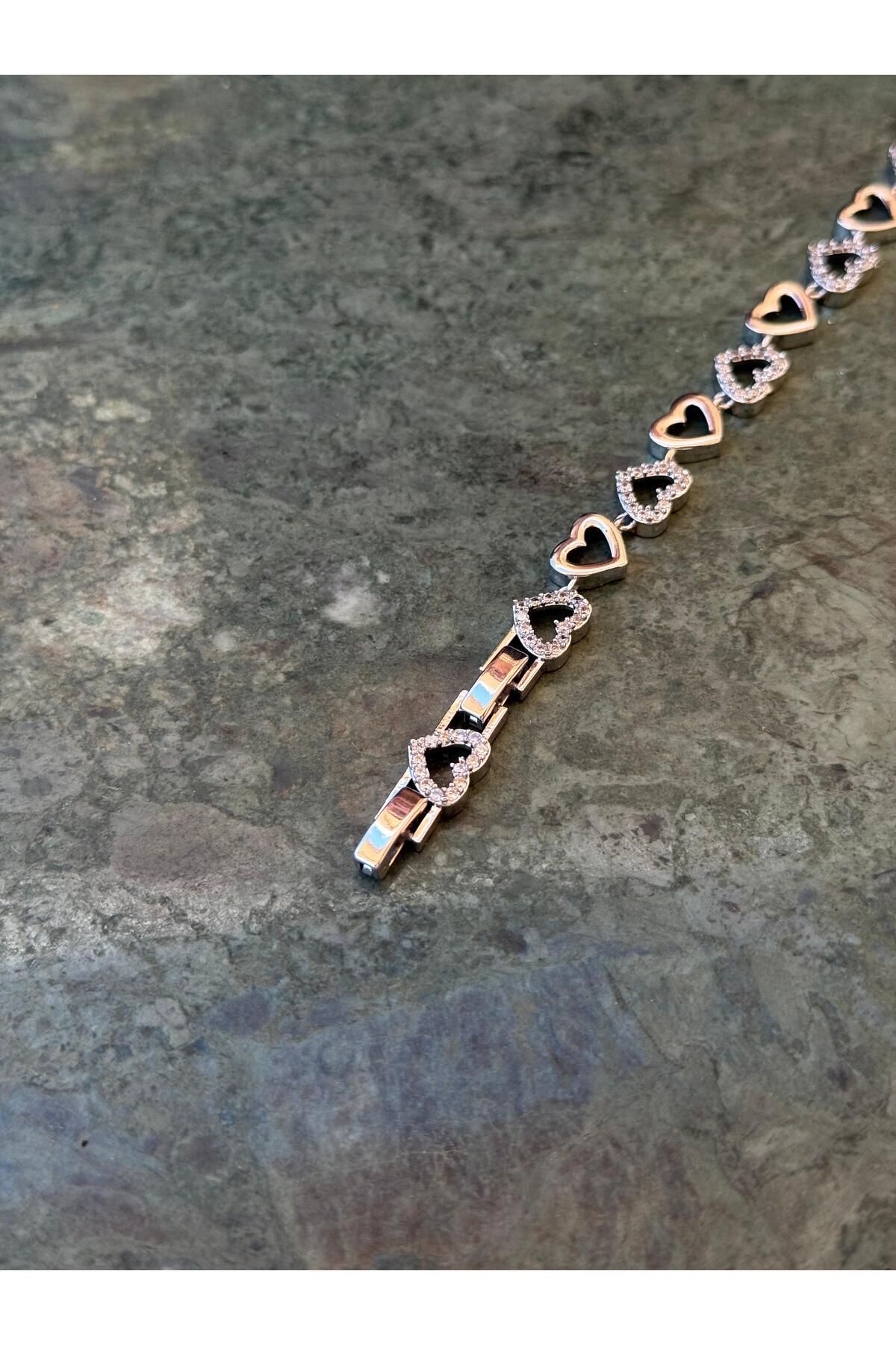 youngsem Kalpli Zirkon Taşlı Gümüş Renk Pirinç Bileklik 17 + 2 cm