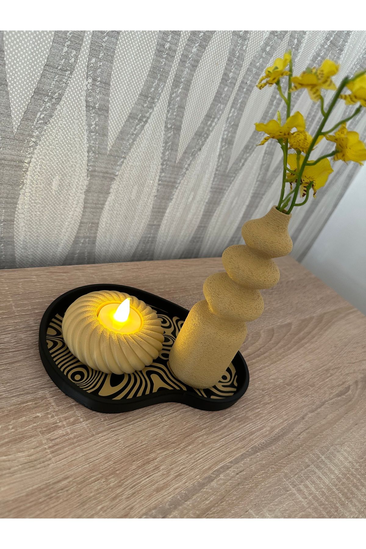 DSdizayn Modern 3 ‘lü DEKORATİF SET - VAZO,MUMLUK VE TEPSİ TAKIMI (DEKORATİF MUM HEDİYEMİZDİR.)