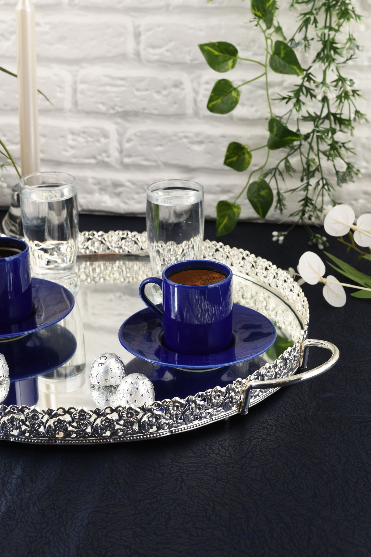HELVACIOĞLU AKSESUAR-Coffee, Tea, Chocolate Presentation Tray with Mirror Handle 35 cm Silver 6