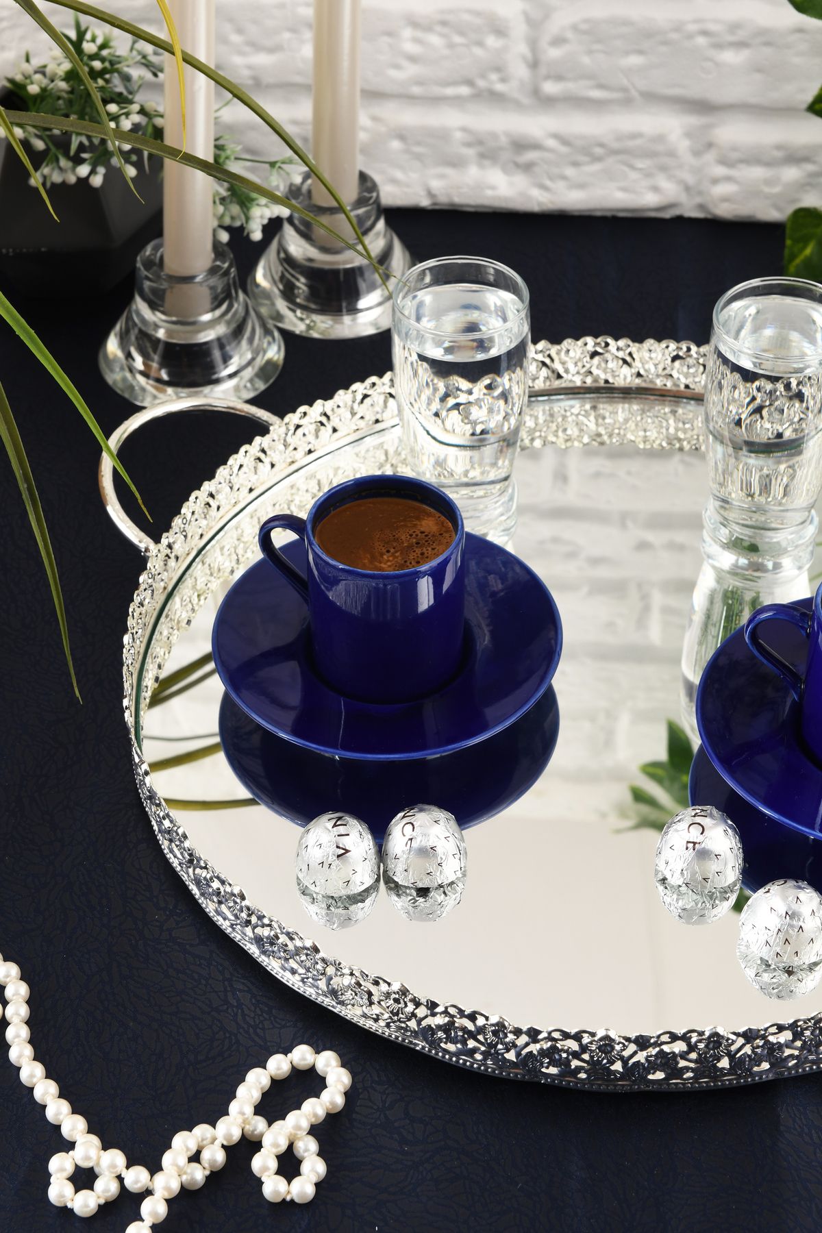 HELVACIOĞLU AKSESUAR-Coffee, Tea, Chocolate Presentation Tray with Mirror Handle 35 cm Silver 8