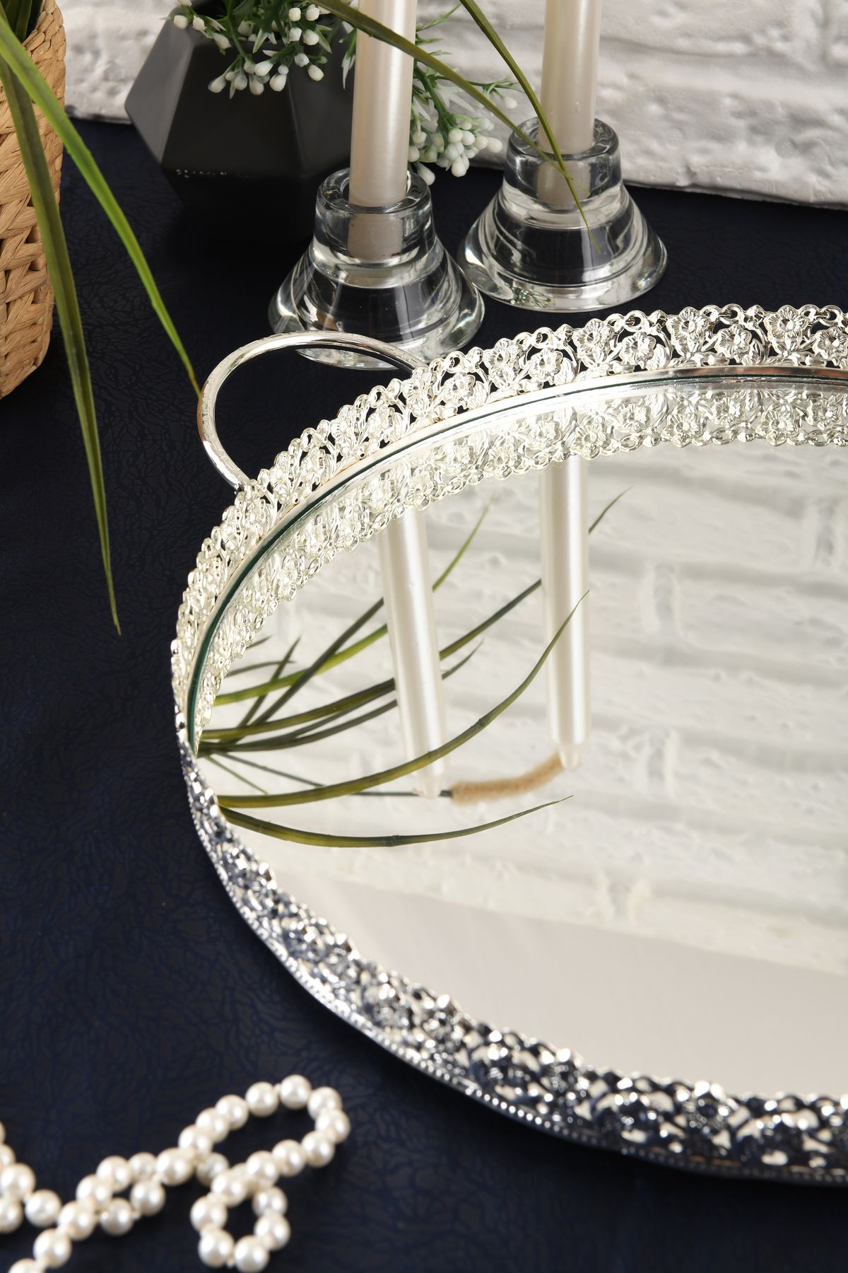 HELVACIOĞLU AKSESUAR-Coffee, Tea, Chocolate Presentation Tray with Mirror Handle 35 cm Silver 5
