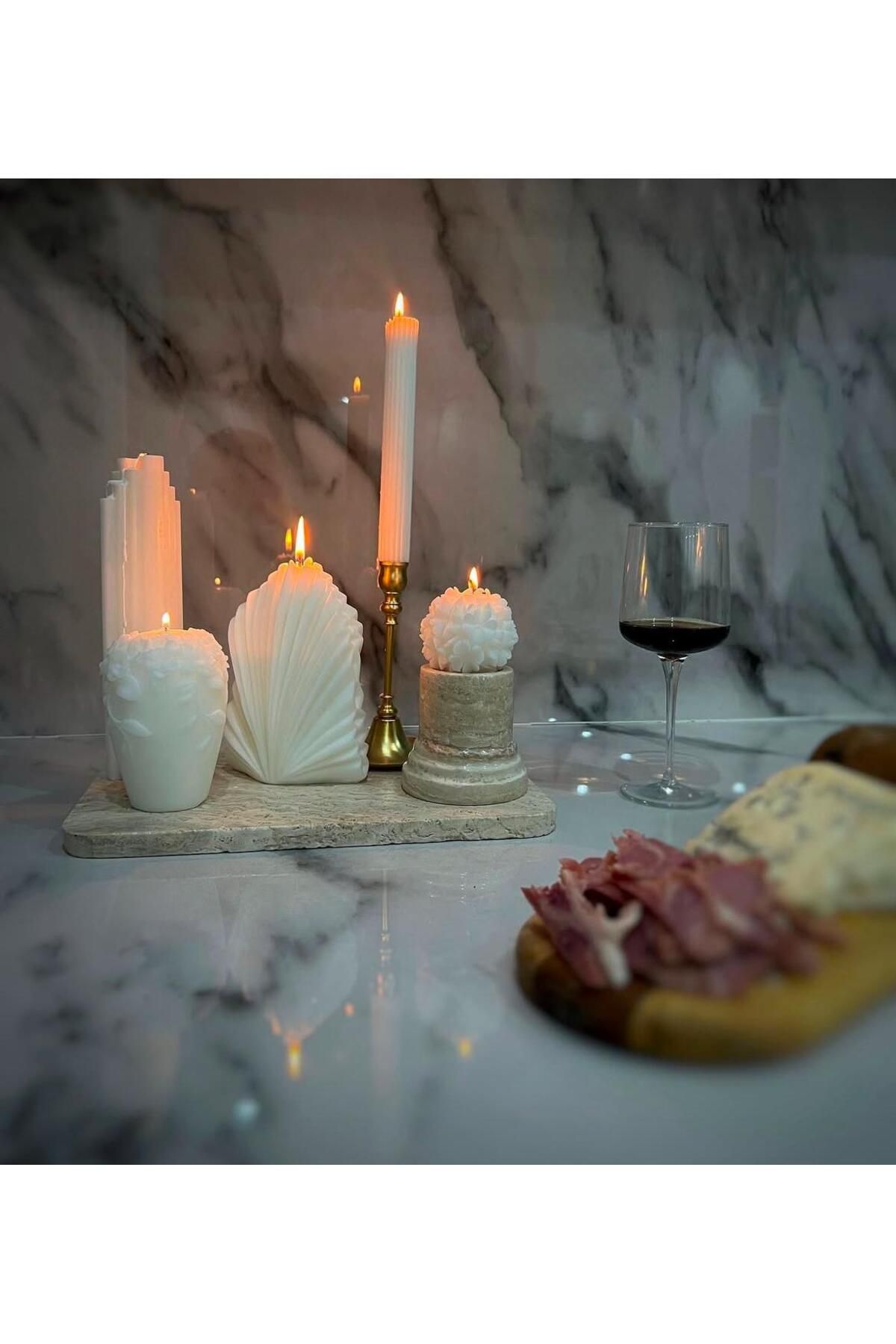 SCA CANDLE Dekoratif Mum Gül +Palm +Gül +Çizgili Şamdan Topal 4 Parça