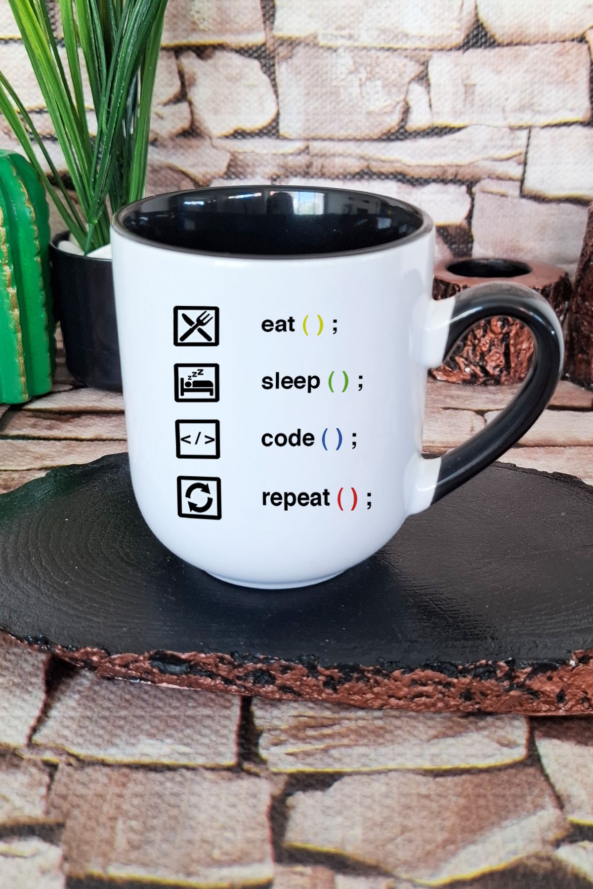 qoeuyl boutique Eat Sleep Code Repeat Yazılımcı Mühendis Hediye Baskılı İçi ve Kulpu Siyah Premium Kupa Bardak