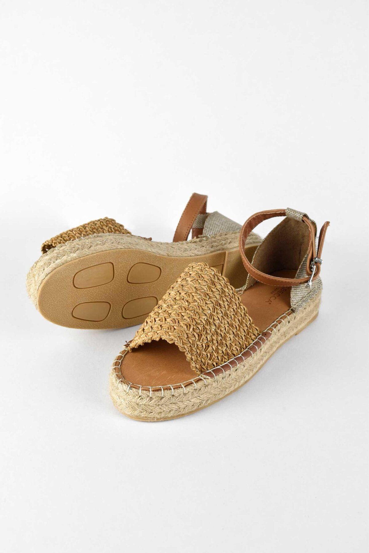birizmoda Kadın Hasır Detaylı Yazlık Sandalet - Taba