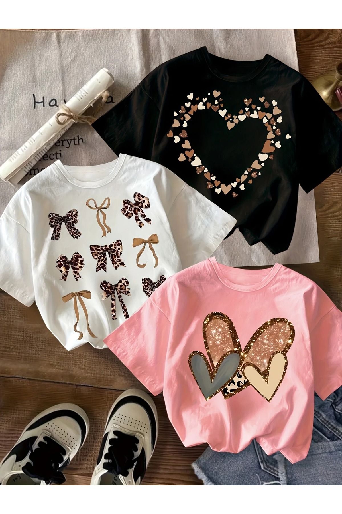 Renna Mood Kız/ Erkek Çocuk 3`lü Paket Leopar Kurdeleli Minik Kalpler Baskılı Penye T-shirt