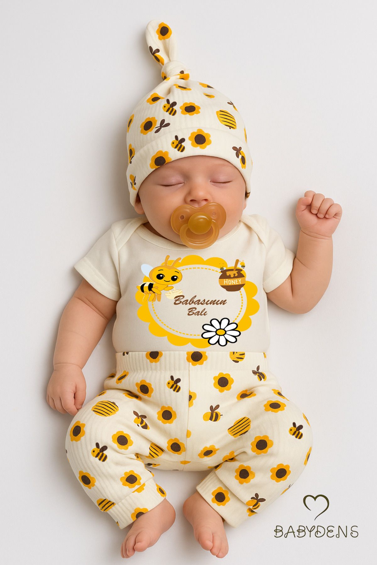 BABYDEN'S Babasının Balı Yazılı 3’lü Yenidoğan Bebek Takımı Kısa Kollu Çıtçıtlı Body,arı Desenli Pantolon,bere