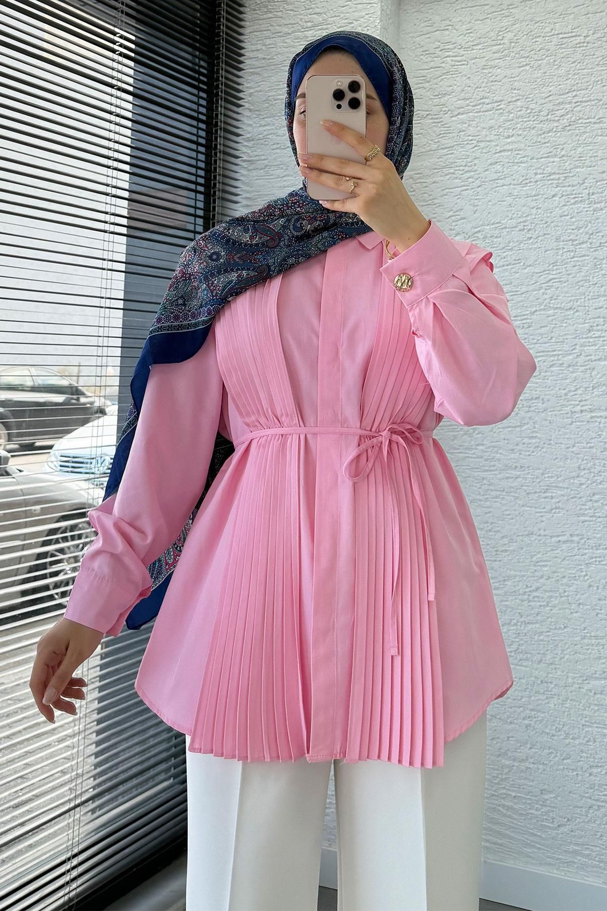 MELEK ARAZ Pliseli Tasarım Poplin Tunik - Pembe