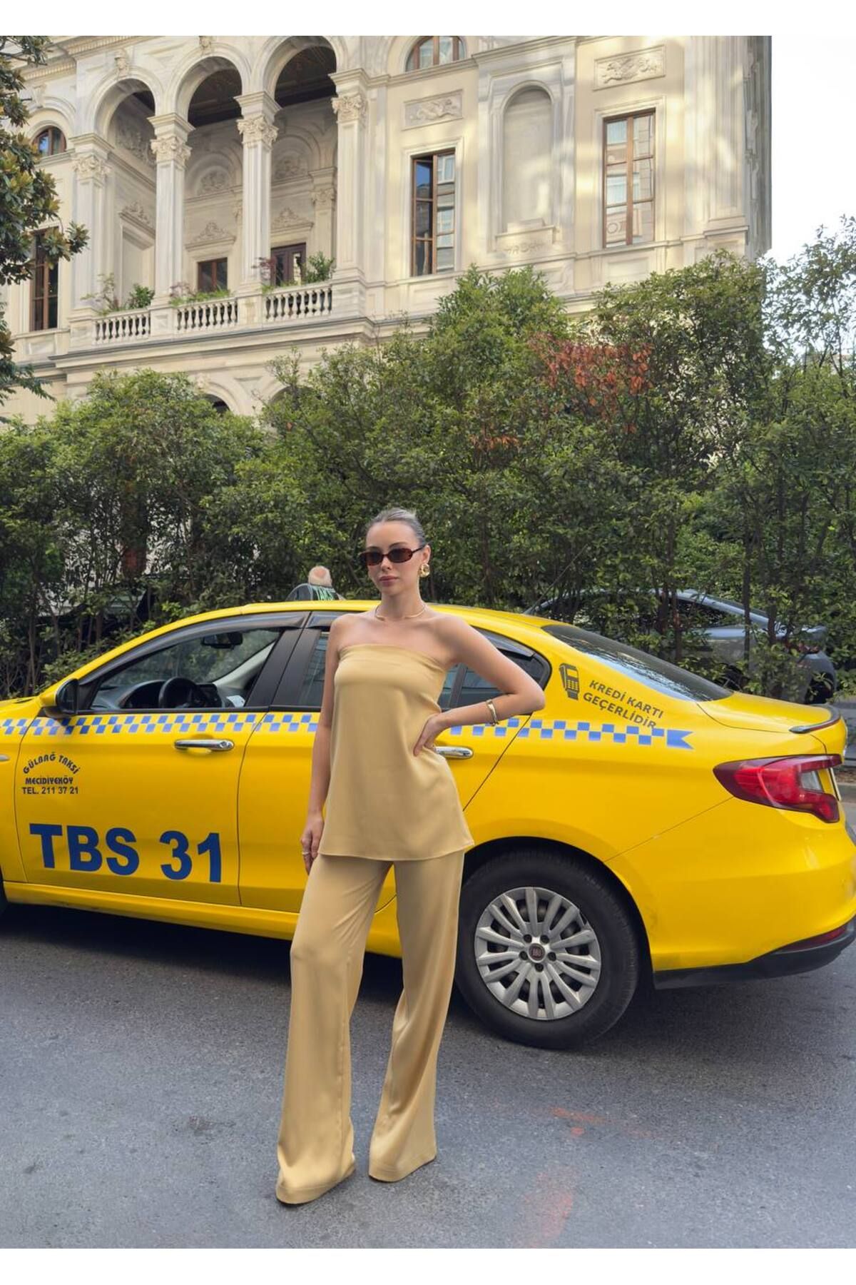 Gallogi Saten, Straplez Bluz-Pantolon 2'li Premium Takım