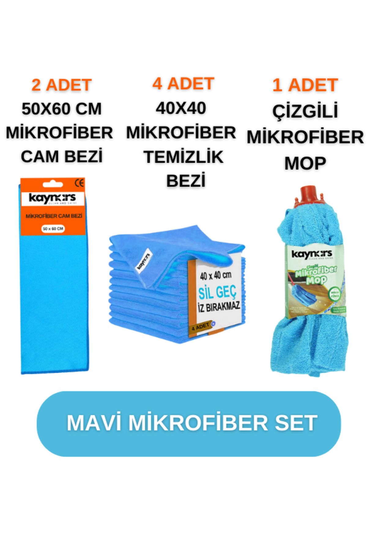teknotrust Mavi Mikrofiber Temizlik Seti 3'lü, Cam Bezi, Mikrobez, Mop Paket