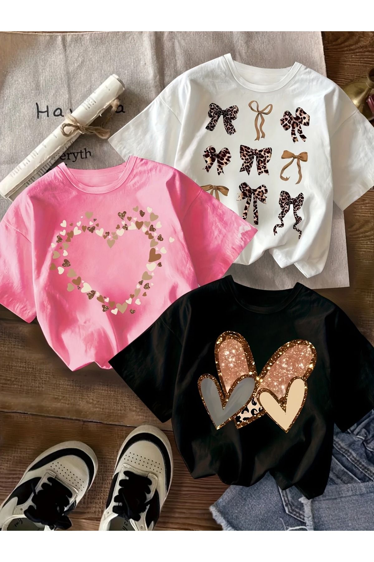 Renna Mood Kız Çocuk 3`lü Paket Leopar Kurdeleli Minik Kalpler Baskılı Penye T-shirt