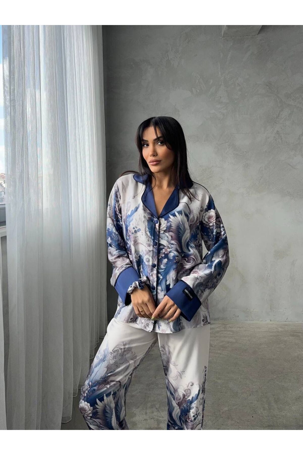 adenna üçlü saten sabahlık pijama takımı