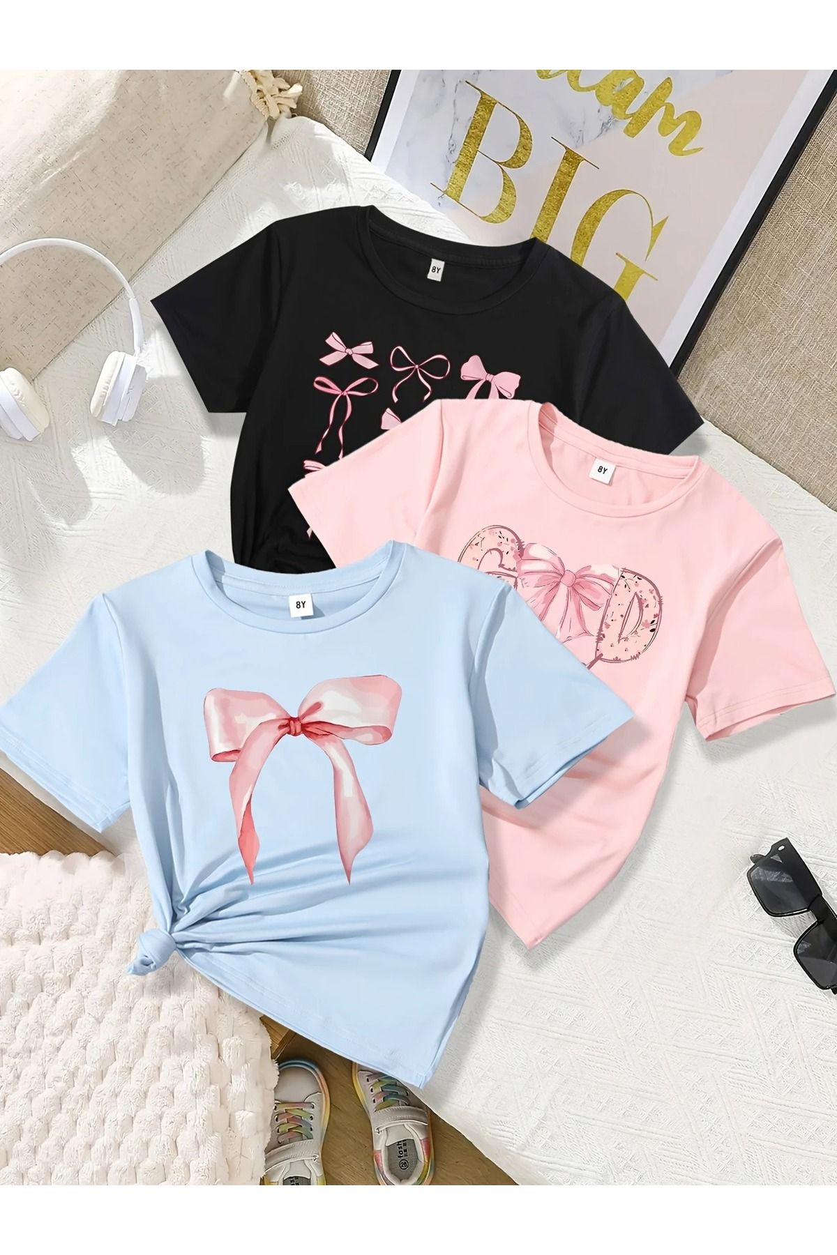 Renna Mood Kız Çocuk 3`lü Paket Good Kurdeleler Baskılı Penye T-shirt