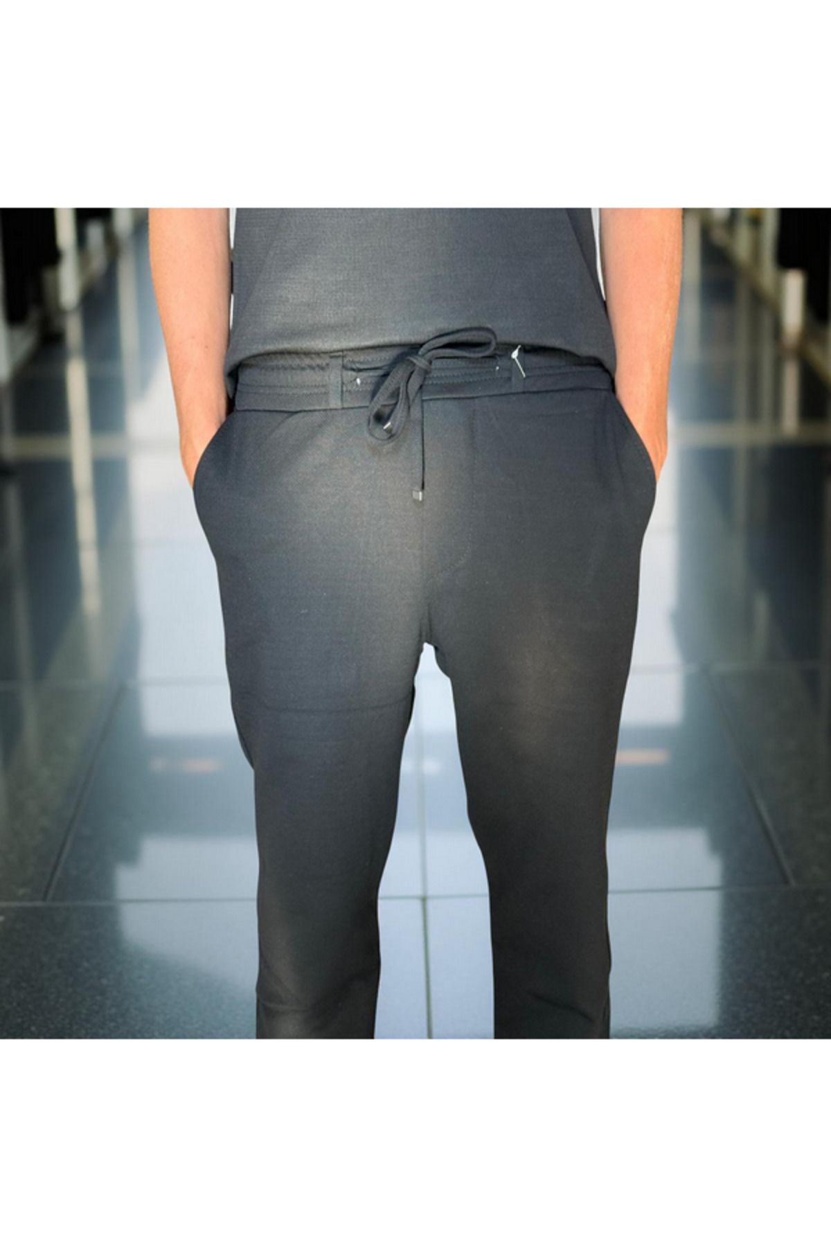 MODA Erkek Önü Kemerli Beli Lastikli Diyogenal Kumaş Jogger Kesim Duble Paça Pantolon