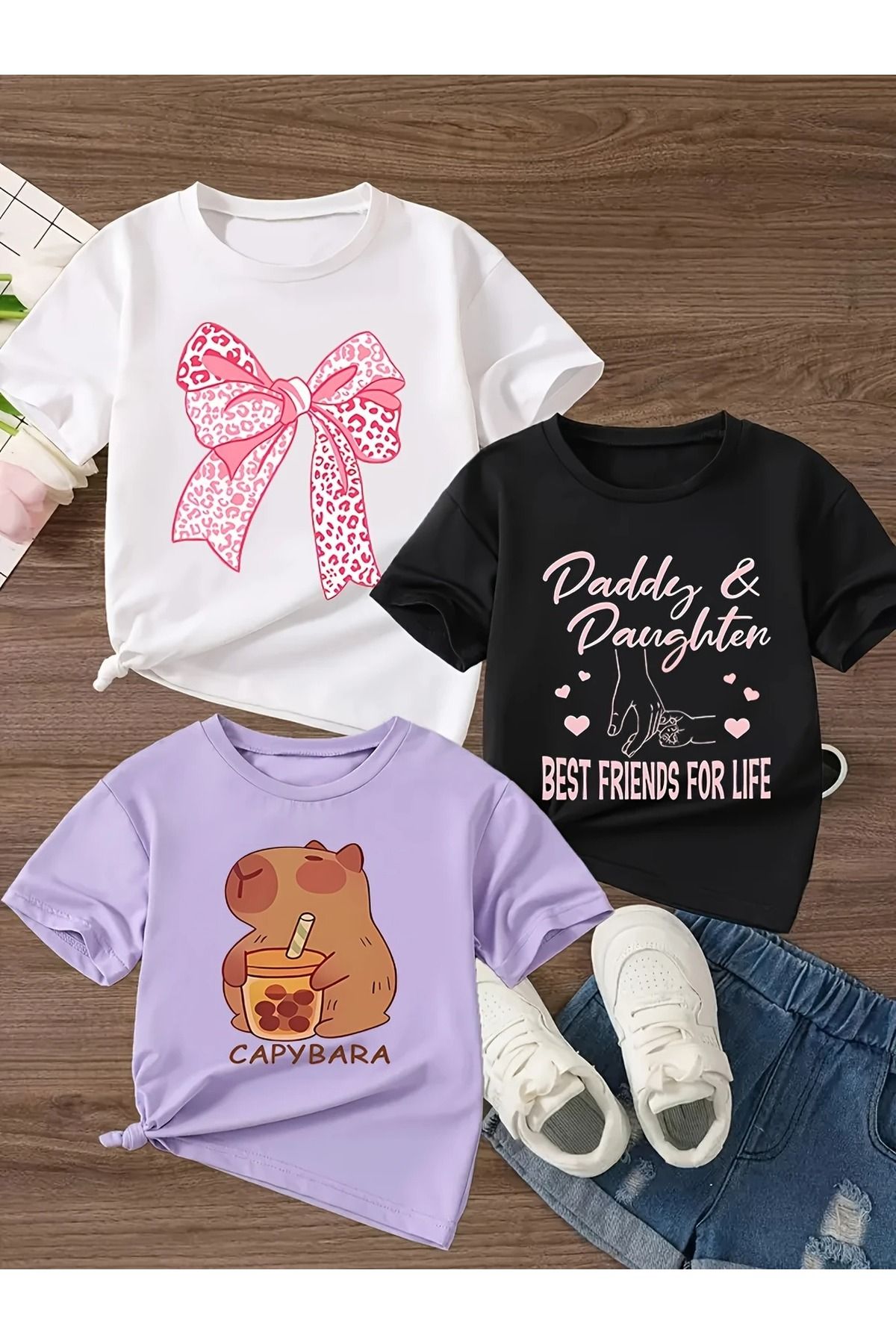 Renna Mood Kız Çocuk 3`lü Paket Capy Bara Frıends Baskılı Penye T-shirt