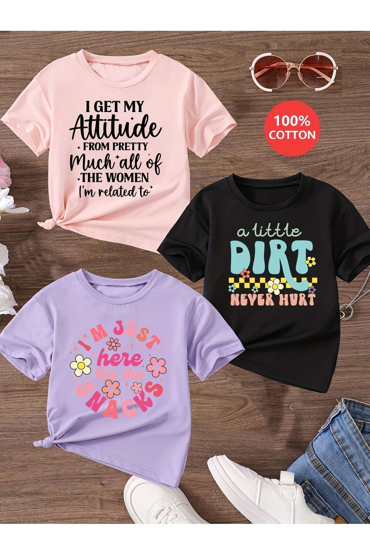 Renna Mood Kız Çocuk 3`lü Paket Snacks Baskılı Penye T-shirt