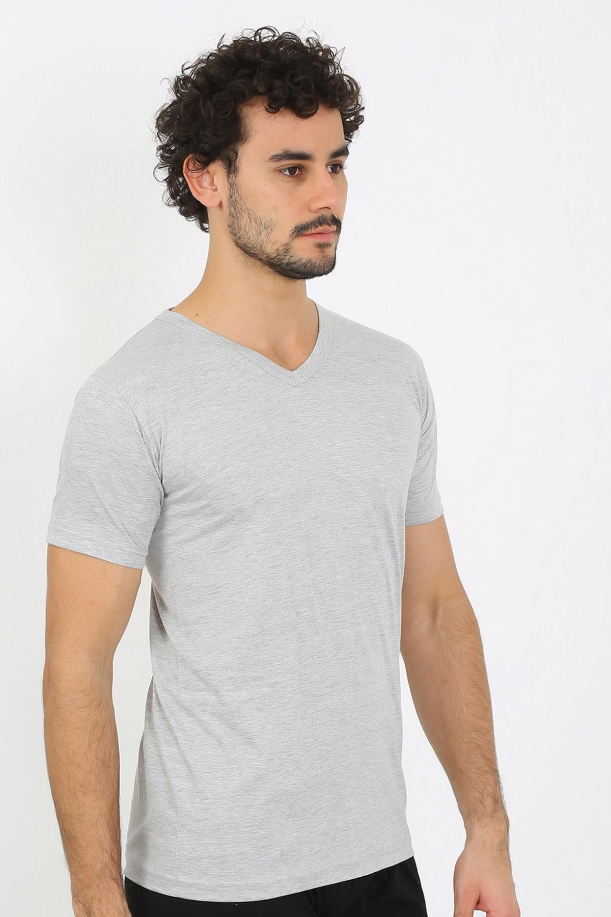 PuShe Moda Çizgi Erkek V Yaka Gri Penye Atlet 6560