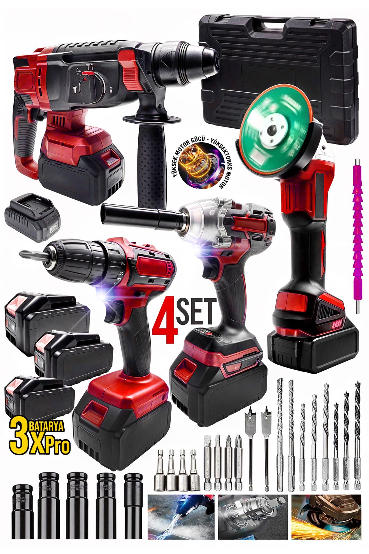 Elioure Şarjlı Darbeli Set 4'lü 2-26mm Taşlama Matkap 13mm 650nm Somun Sökme Hediye