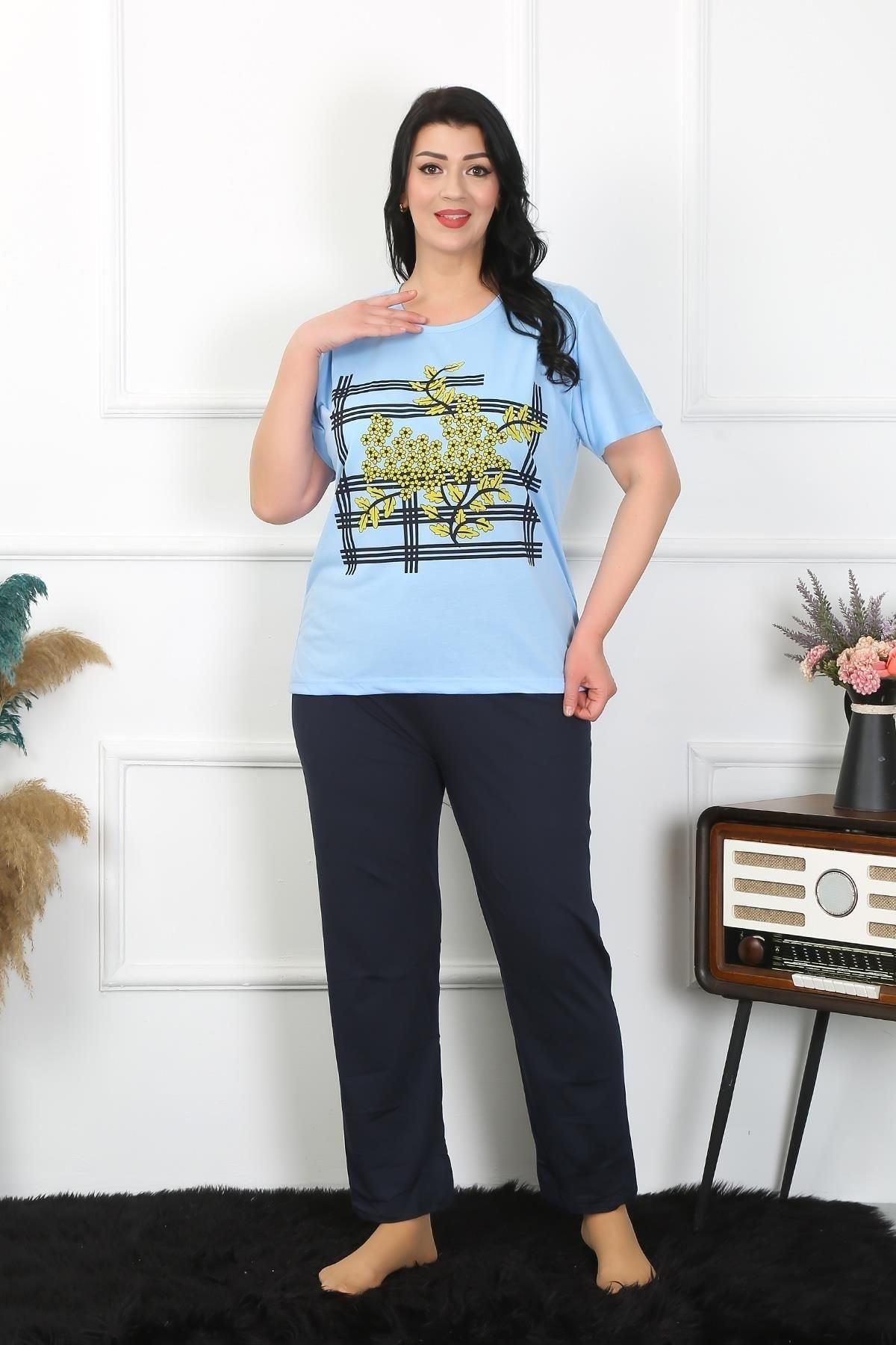 PuShe Moda Çizgi Kadın Büyük Beden Mavi Pijama Takımı 202402