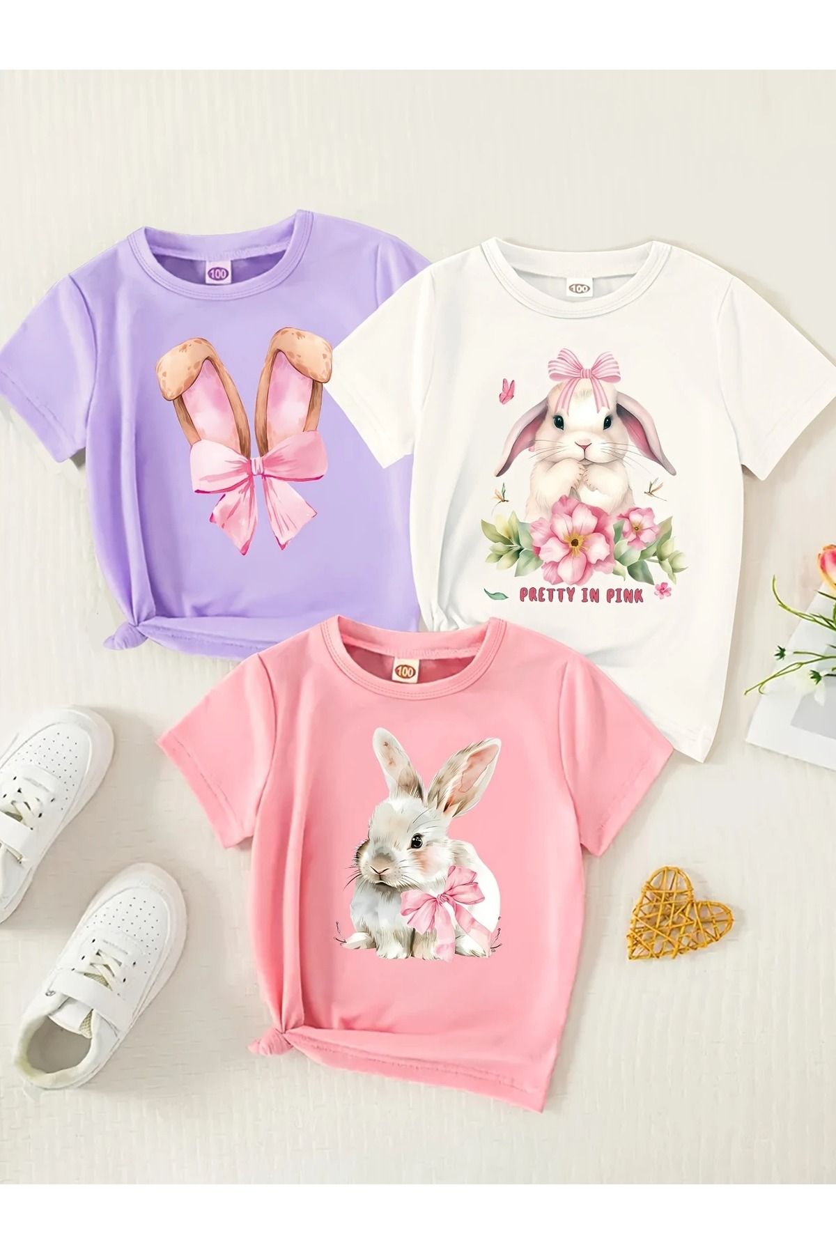 Renna Mood KızÇocuk 3`lü Paket Kurdeleli Tavşanlar Baskılı Penye T-shirt