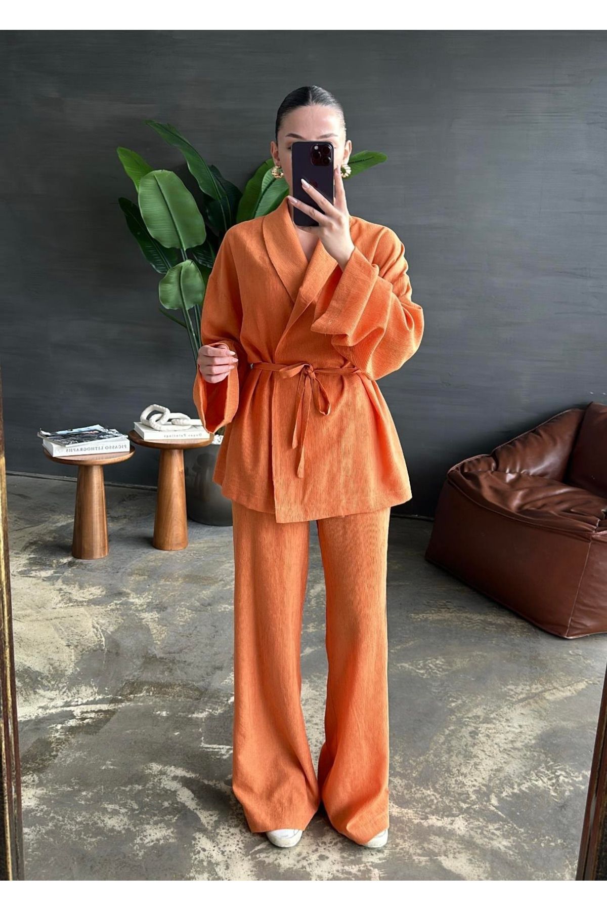 My Blog Turuncu Şal Yaka Kimono Pantolonlu Takım - 98655