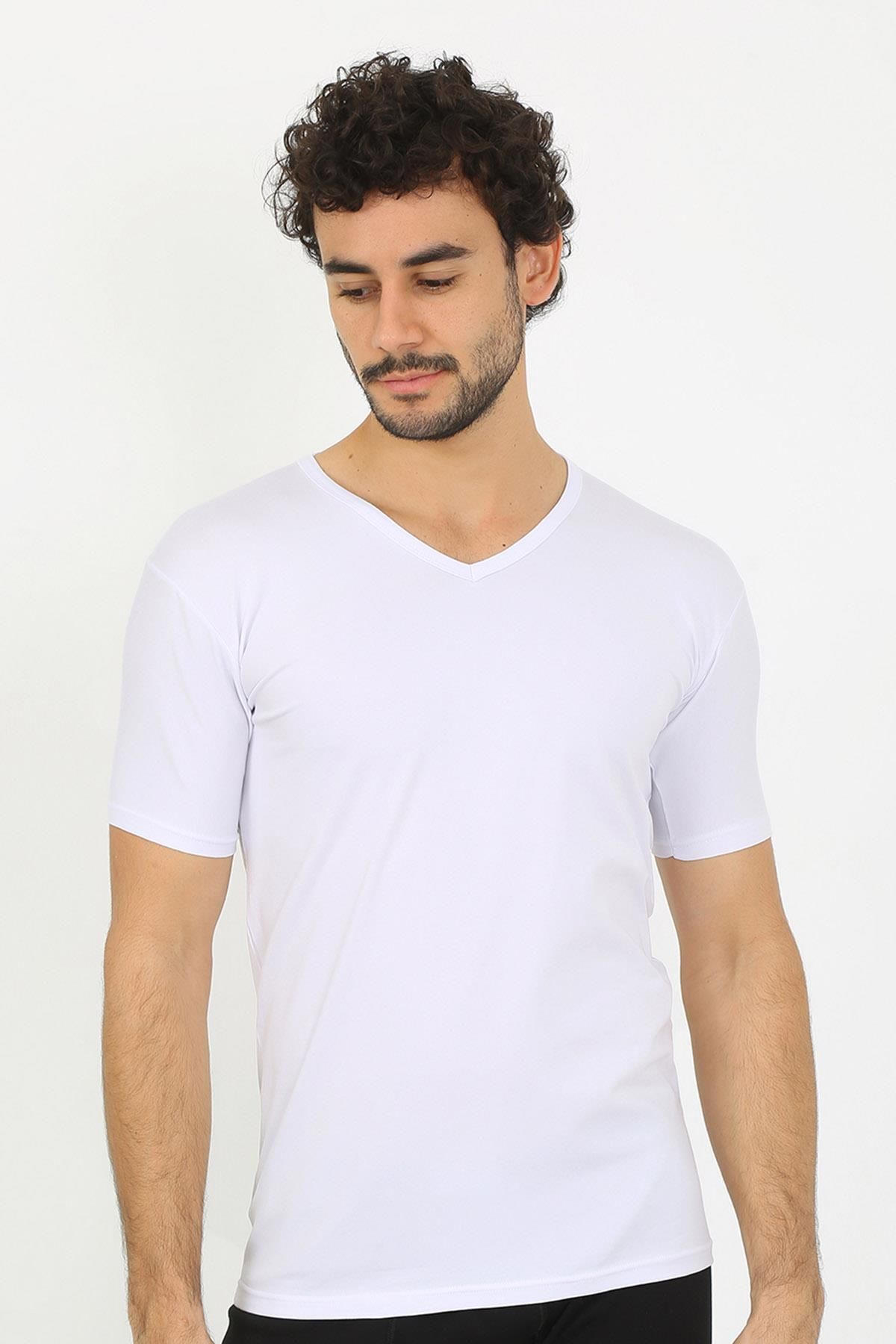 PuShe moda çizgi Erkek Likralı V Yaka Beyaz T-Shirt 65700