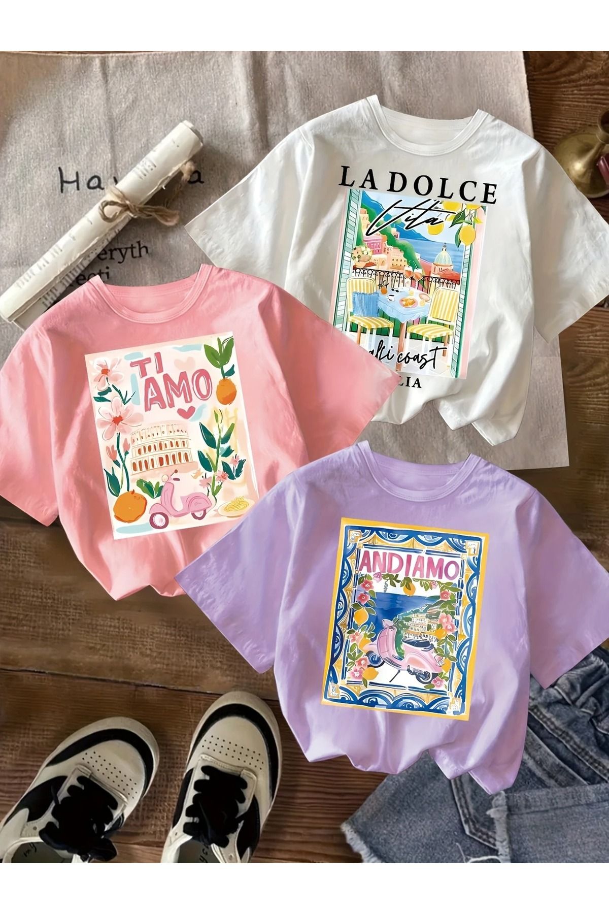 Renna Mood Kız/ Erkek Çocuk 3`lü Paket Tı Amo Baskılı Penye T-shirt