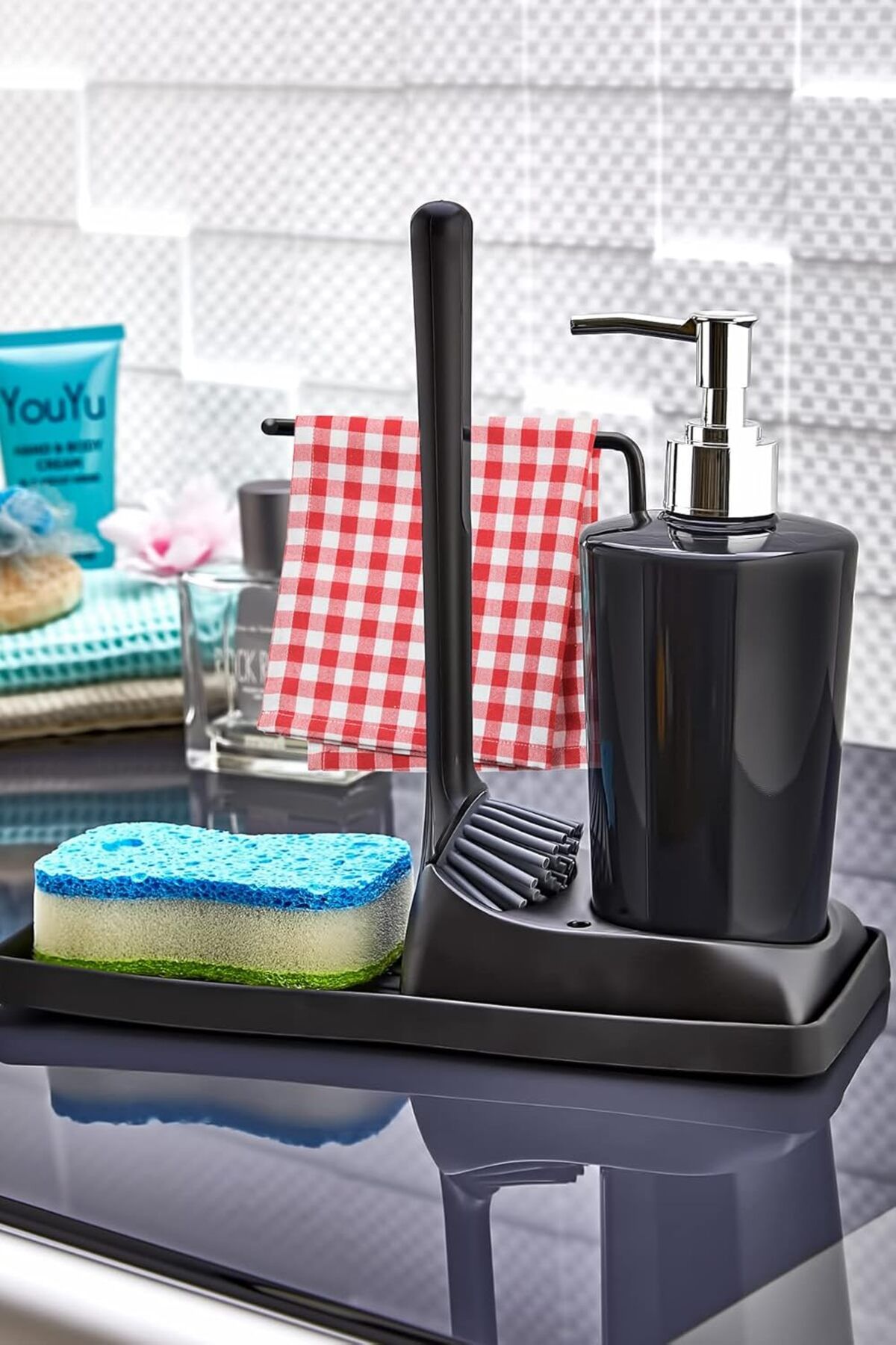 MEGOBİNE WHERE Silikon Fırçalı Mutfak Banyo Sıvı Sabunluk Süngerlik Seti ZTML SYFT 1139610