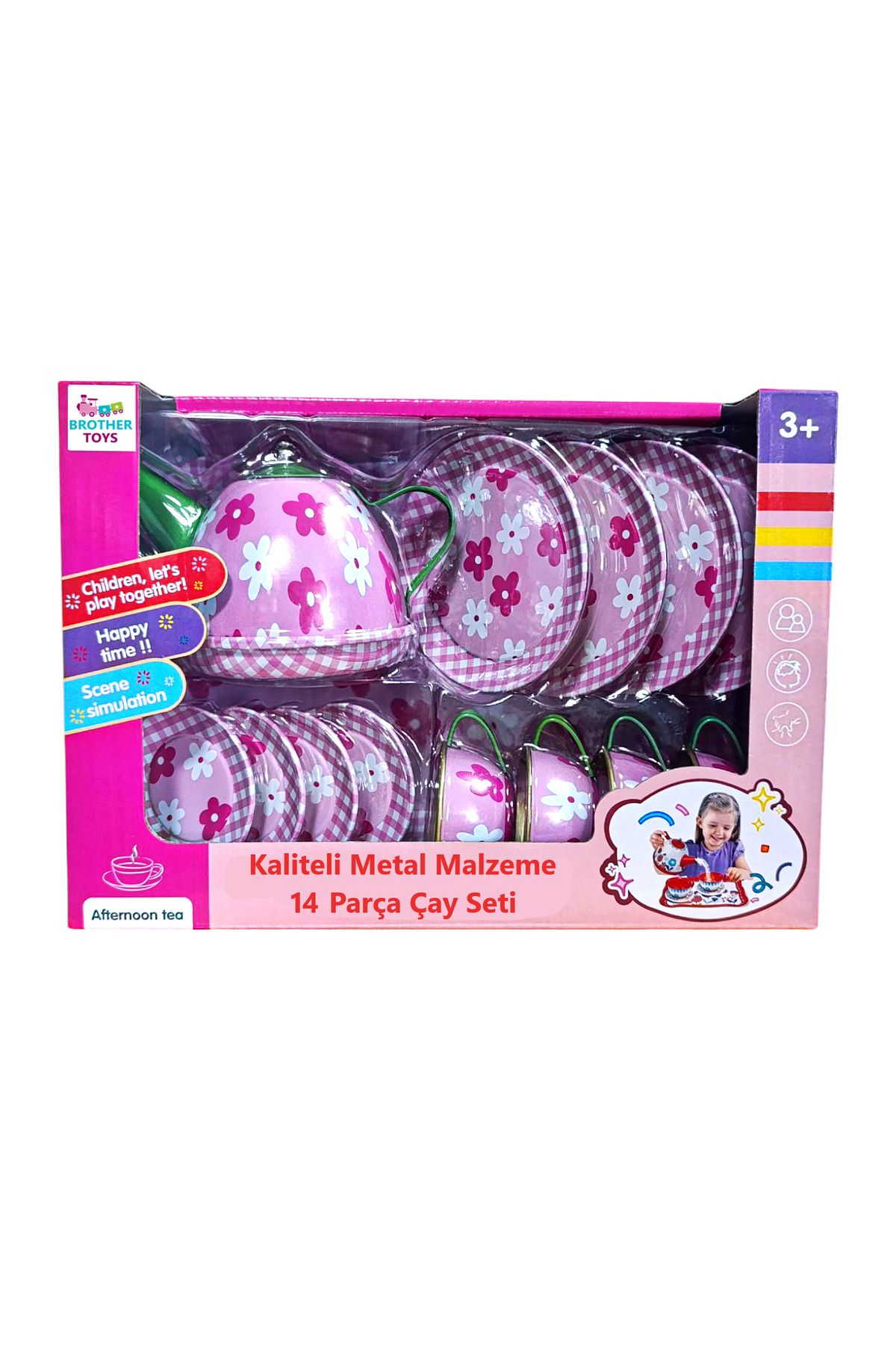 Brother Toys Oyuncak Metal Çay Evcilik Ve Mutfak Seti 14 Parça Çay Bardak Tepsi Çaydanlık Tabak 24 Cm.