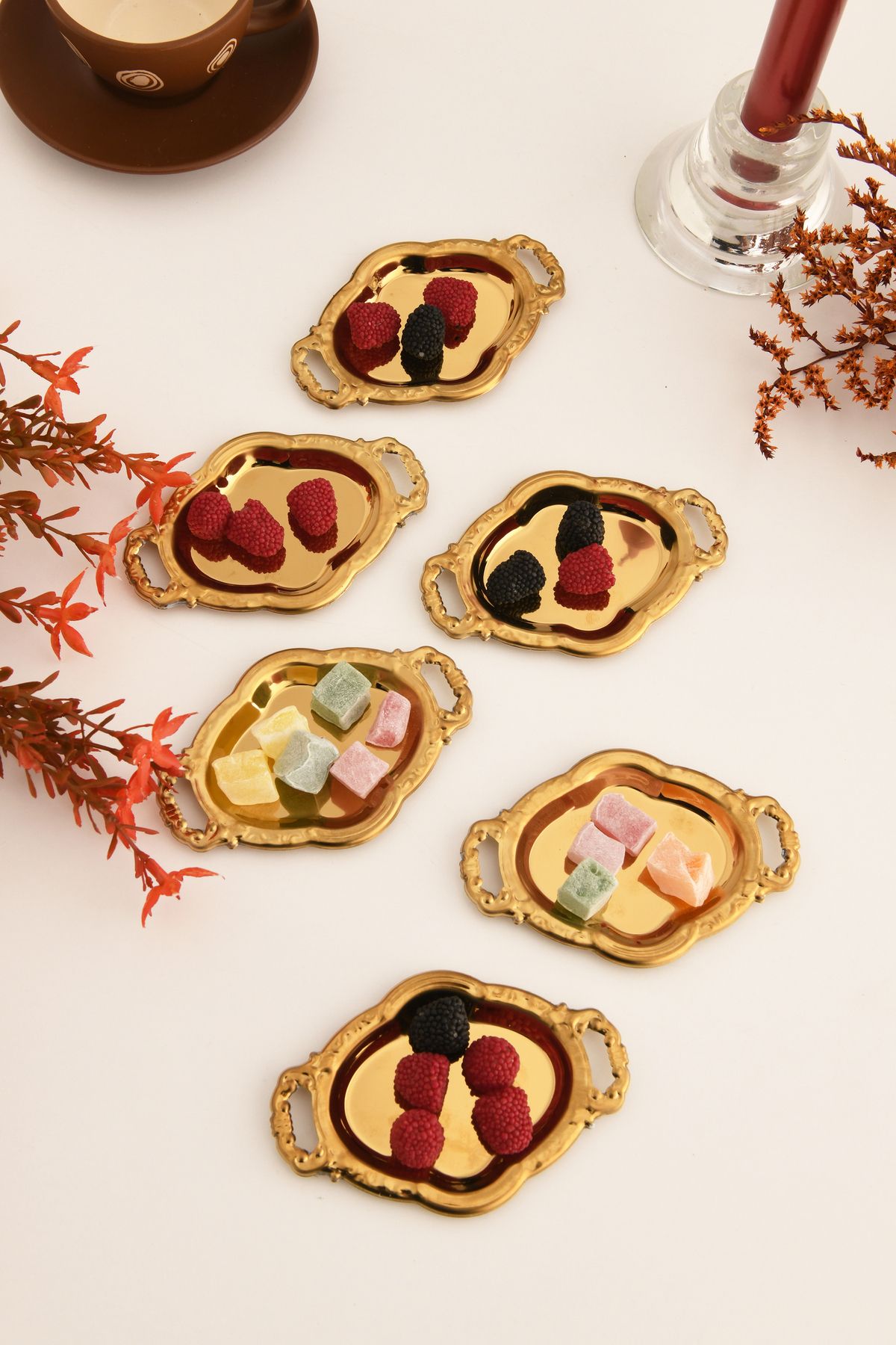 AKSESUAR EVRENİ Cenz'S Gold 6'lı Set Şekerlik Lokumluk Çerezlik Kahve Yanı Sunumluk Dekoratif Mini Oval Kase