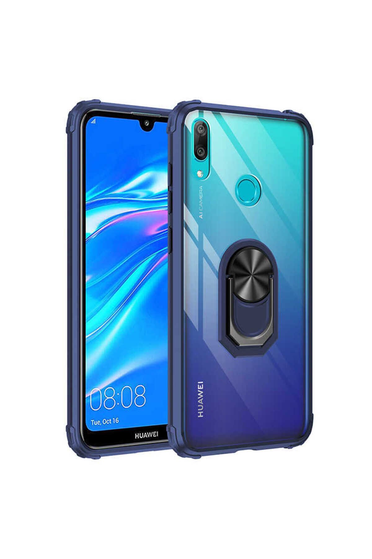 halkhouse Huawei Y7 Prime 2019 Kılıf Sert Silikon Dayanıklı Şeffaf Renkli Yüzüklü Mola Kapak