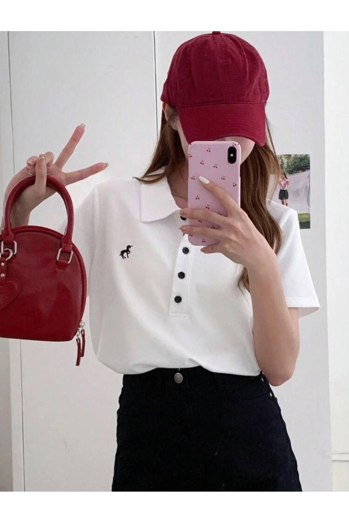 Bravebell Beyaz Tek Boynuzlu At Baskılı Polo Yaka Düğmeli Kısa Kol Tshirt