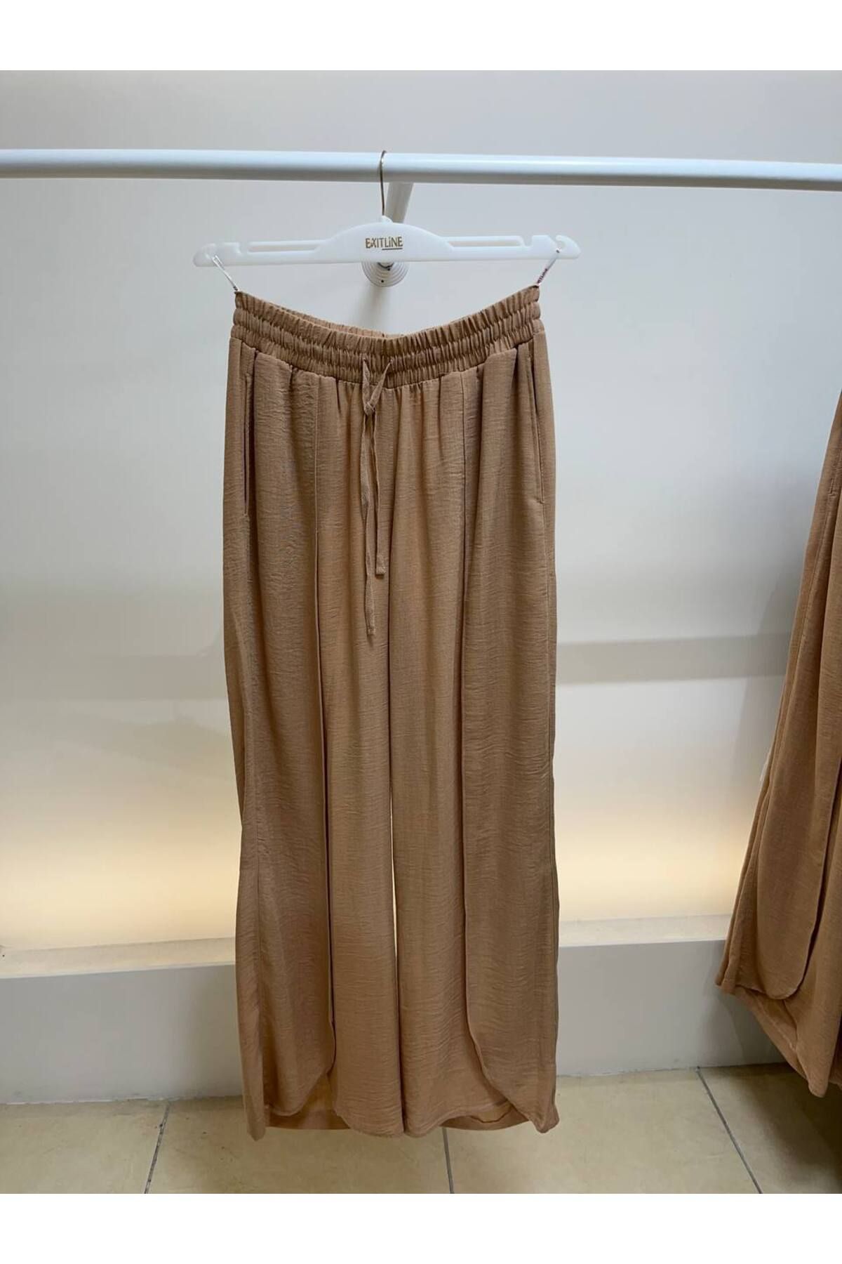 EXİTLİNE Kadın Yazlık Koyu Bej Geniş Paça Pantolon