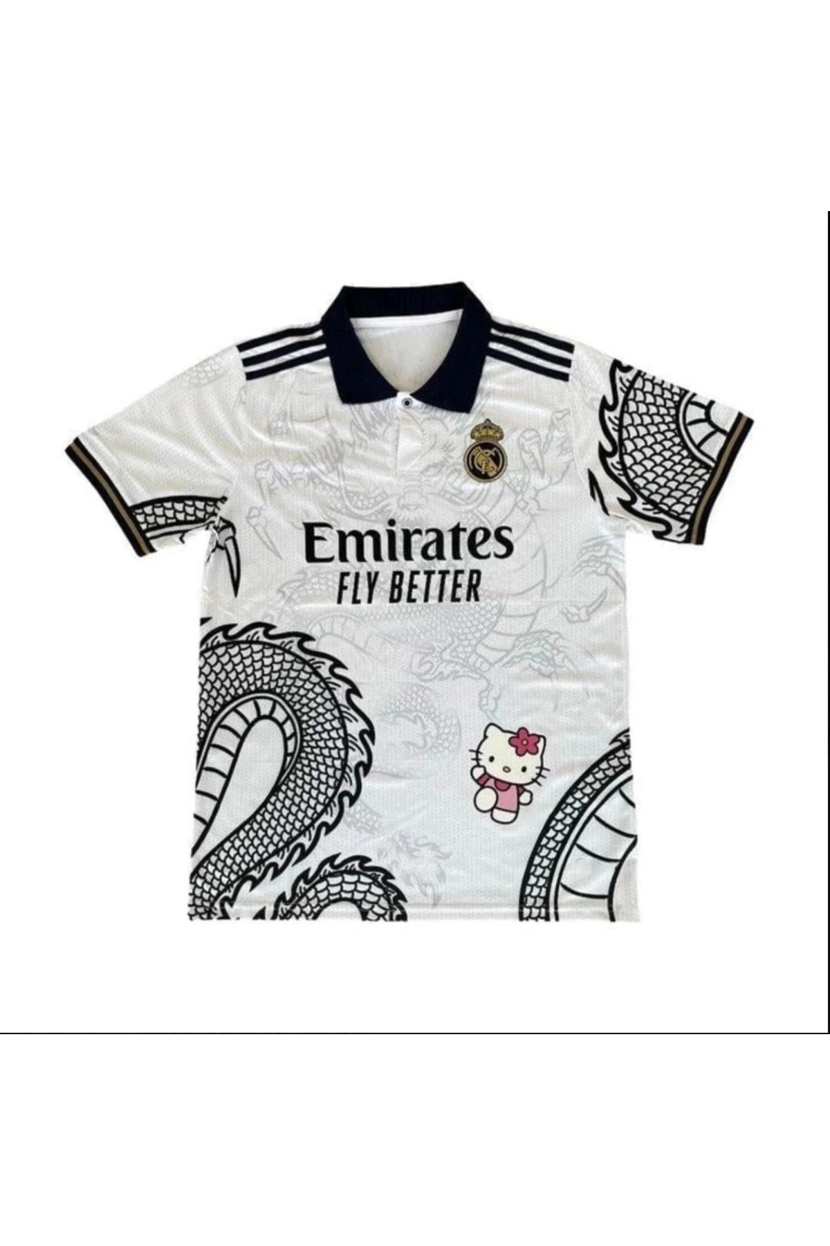 Bravebell Beyaz Kitty Madrid Dragon Jersey Siyah Düğmeli Yaka T-shirt