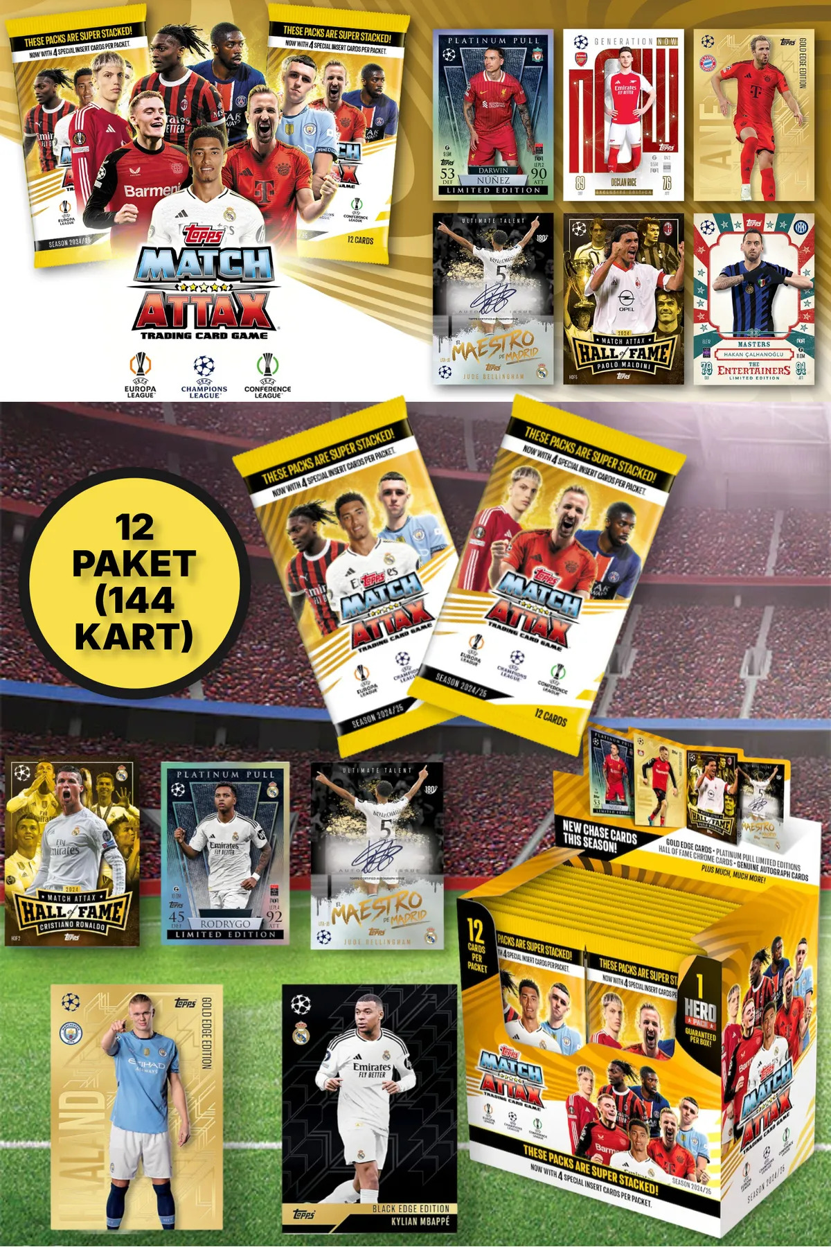 Topps Match Attax 24-25 Uefa Champions League Europa League Conference League Football Cards-12 Packs