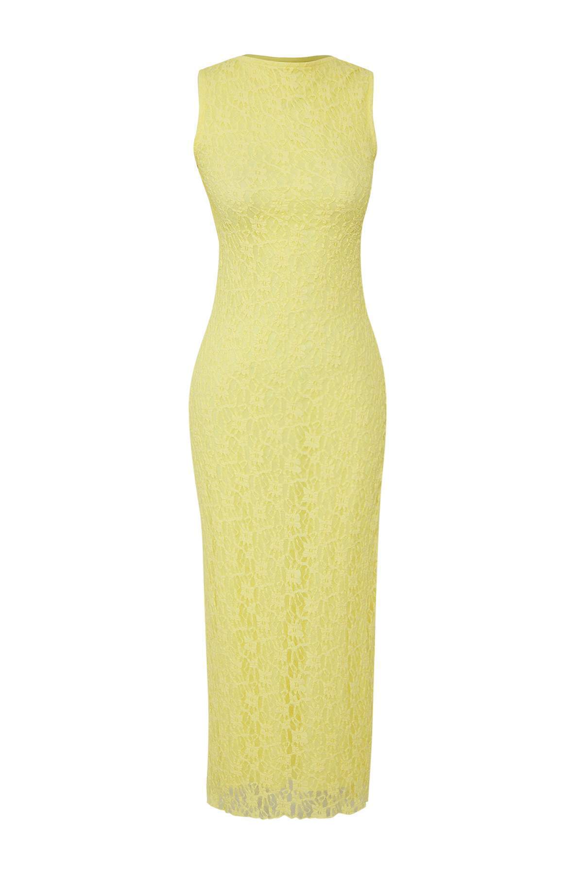 Trendyolmilla  Açık Sarı Dantel Bodycon Sırt Dekolteli Esnek Örme Elbise TWOSS25EL00485 - Görsel 5