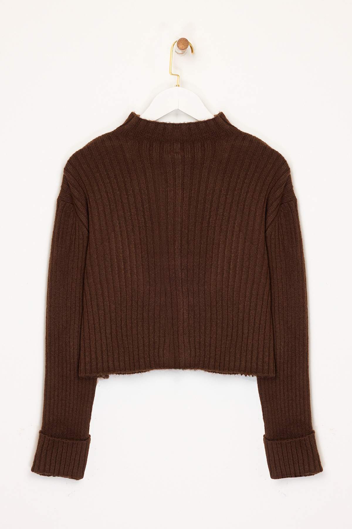 Trendyolmilla  Kahverengi Crop Yumuşak Dokulu Dik Yaka Triko Hırka TWOAW22HI0174 - Görsel 8