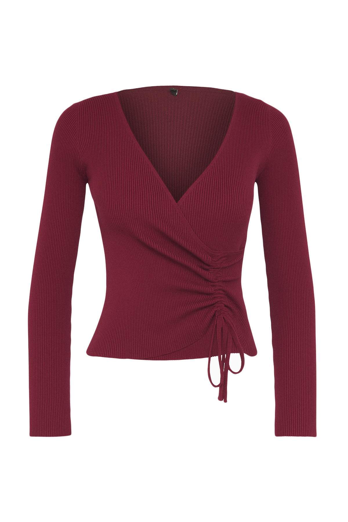 Trendyolmilla  Bordo Kruvaze Büzgü Detaylı Triko Kazak TWOAW23KZ00828 - Görsel 7