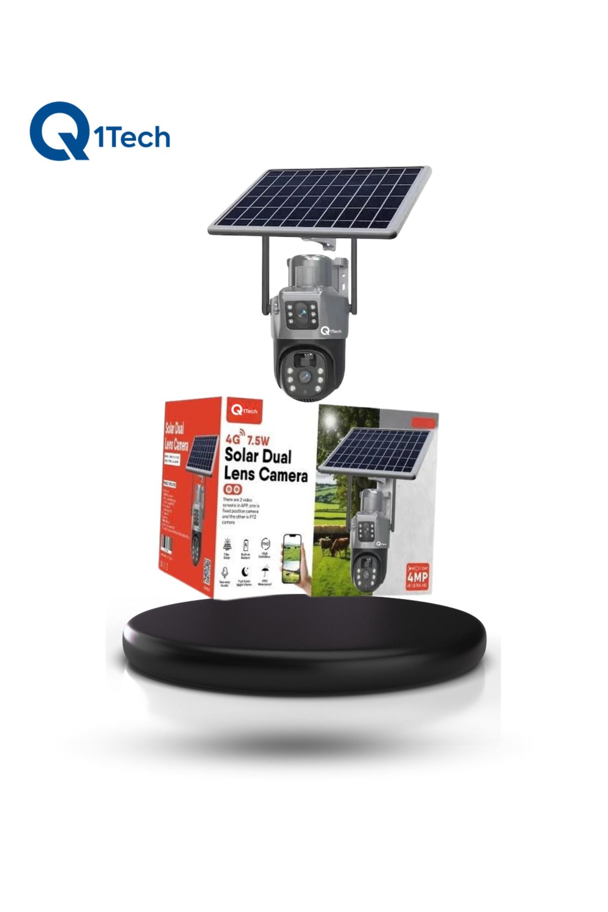 Q1TECH SOLAR ÇİFT LENS IP KAMERA SİRENLİ HAREKETLİ SİM KARTLI Akıllı Güvenlik Kamera Wifi İki Yönlü Ses 4G