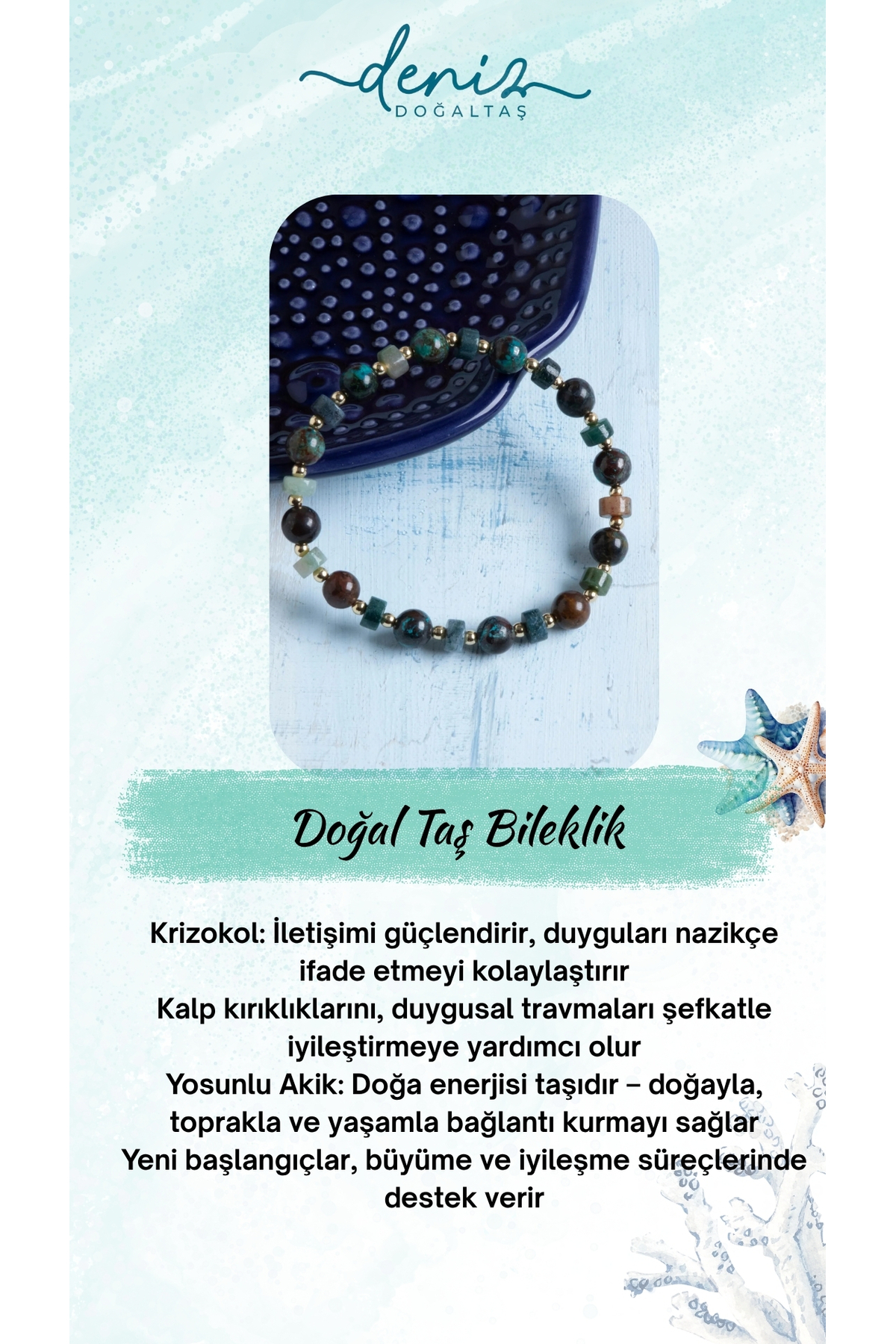 Deniz Doğal Taş Sertifikalı Krizokol ve Yosunlu Akik Doğal Taş Bileklik