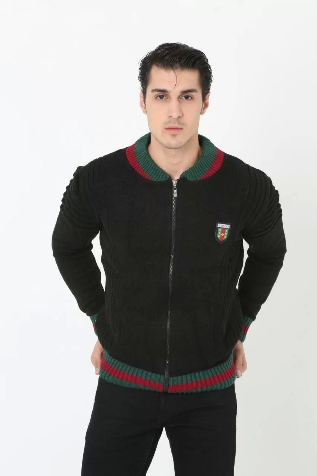 MODA CS Erkek Tam Fermuarlı Triko Hırka - Siyah