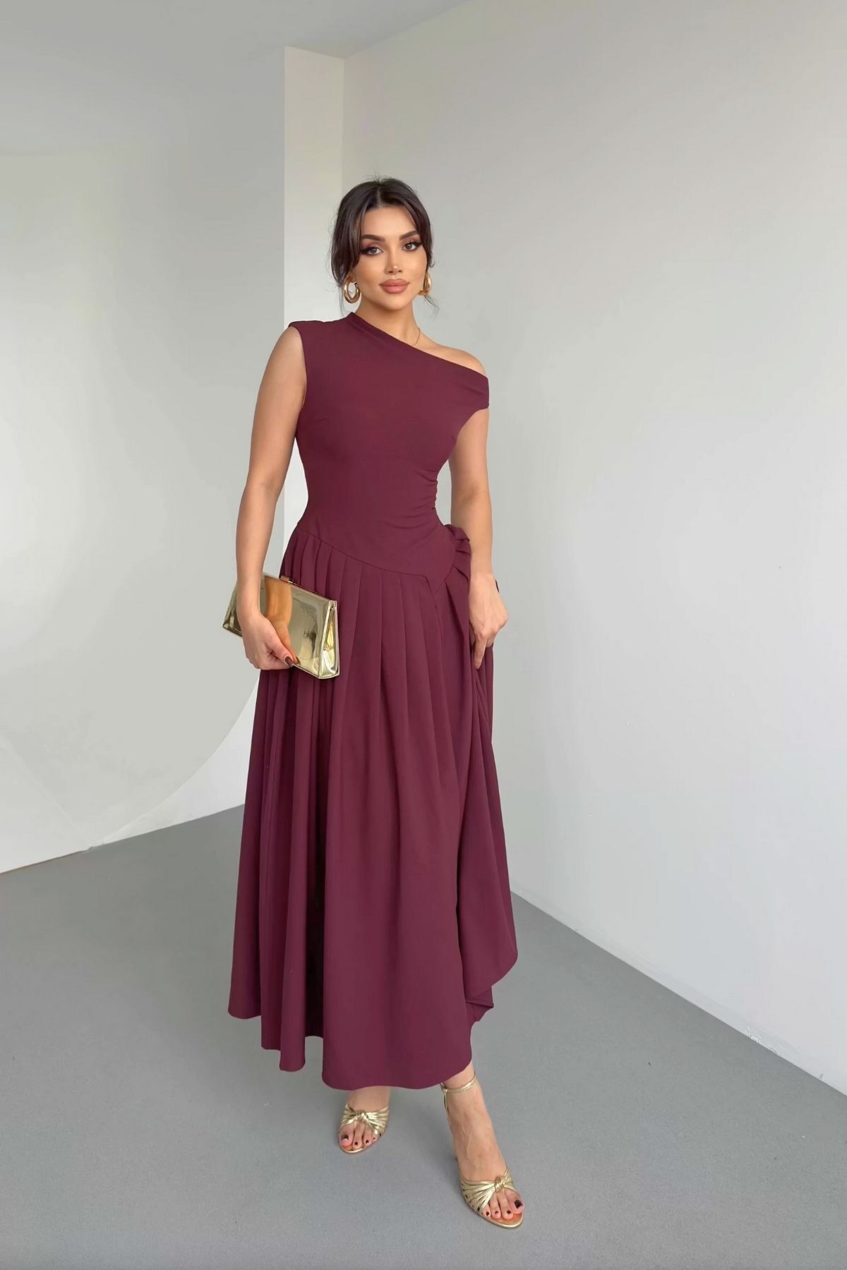 FMN Collection Women's Boat Neck Fitted Waist Pleated Wide Bell Skirt Midi Dress, Structured Fabric, Pinterest Design Dupe