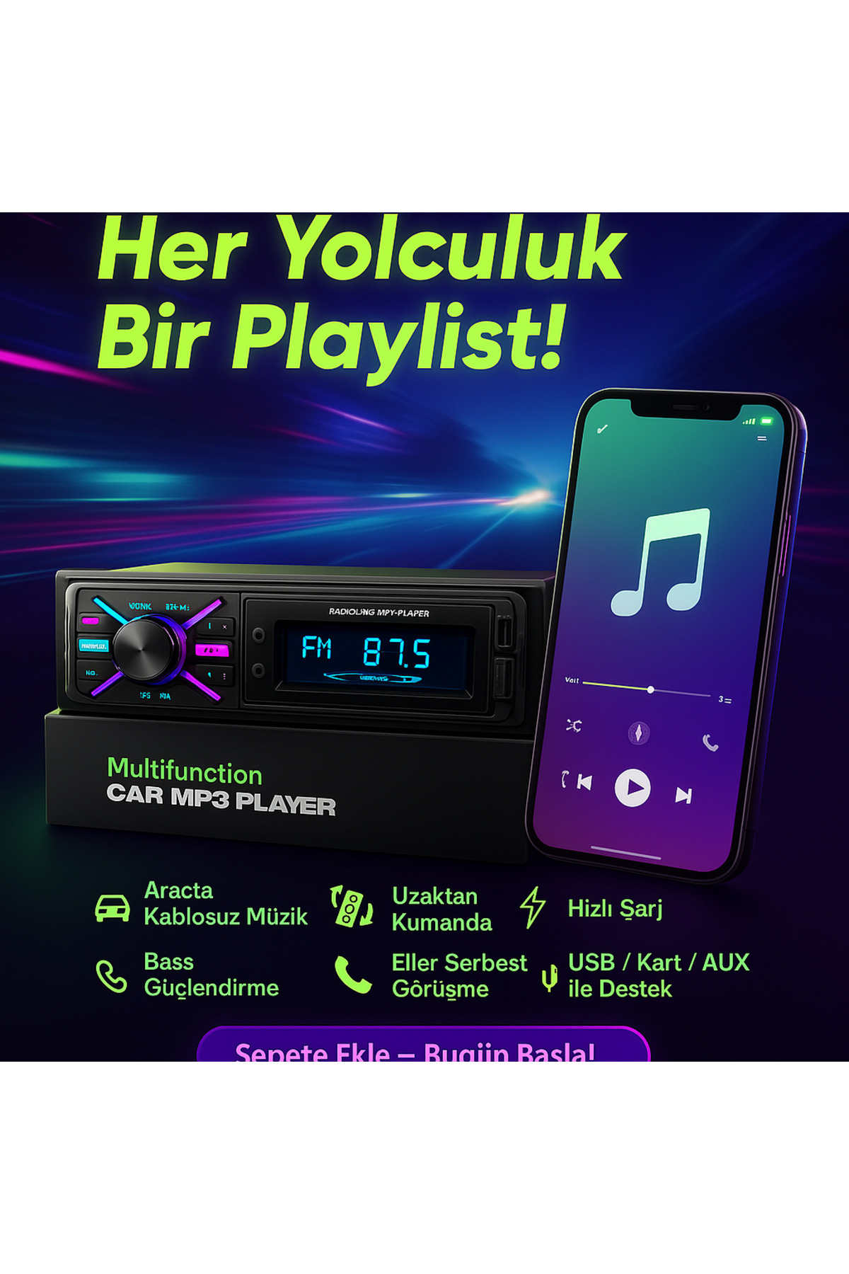 CARBOON 2025 Özel Seri 2xusb Rgb Panel Oto Teyp Bluetooth Sd Aux Ambians Renk - 959bt