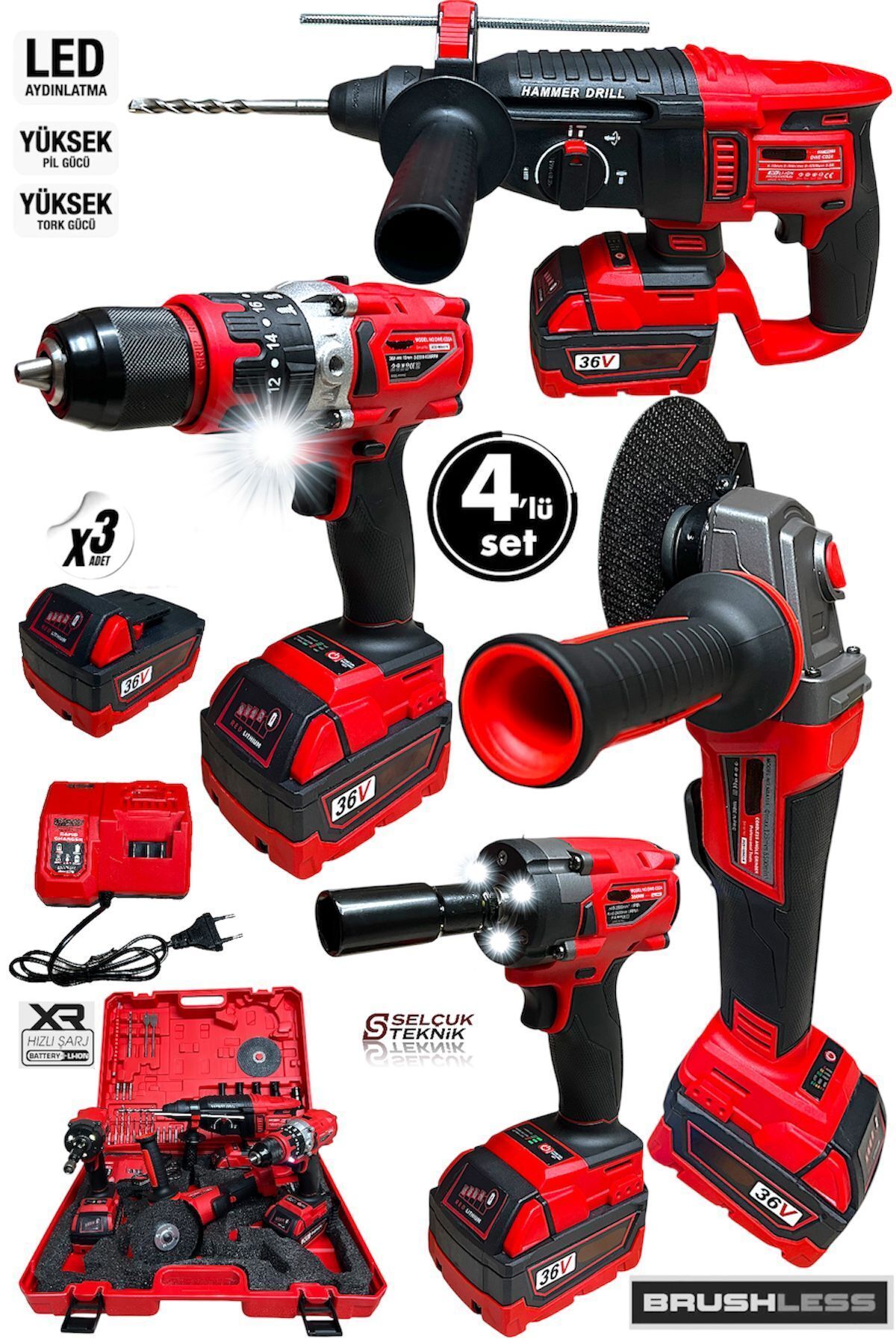 STANVOLT Profesyonel Kömürsüz 36v 4'lü Set Kırıcı Delici Hilti Taşlama Somun Sıkma Akülü Vidalama dawrek