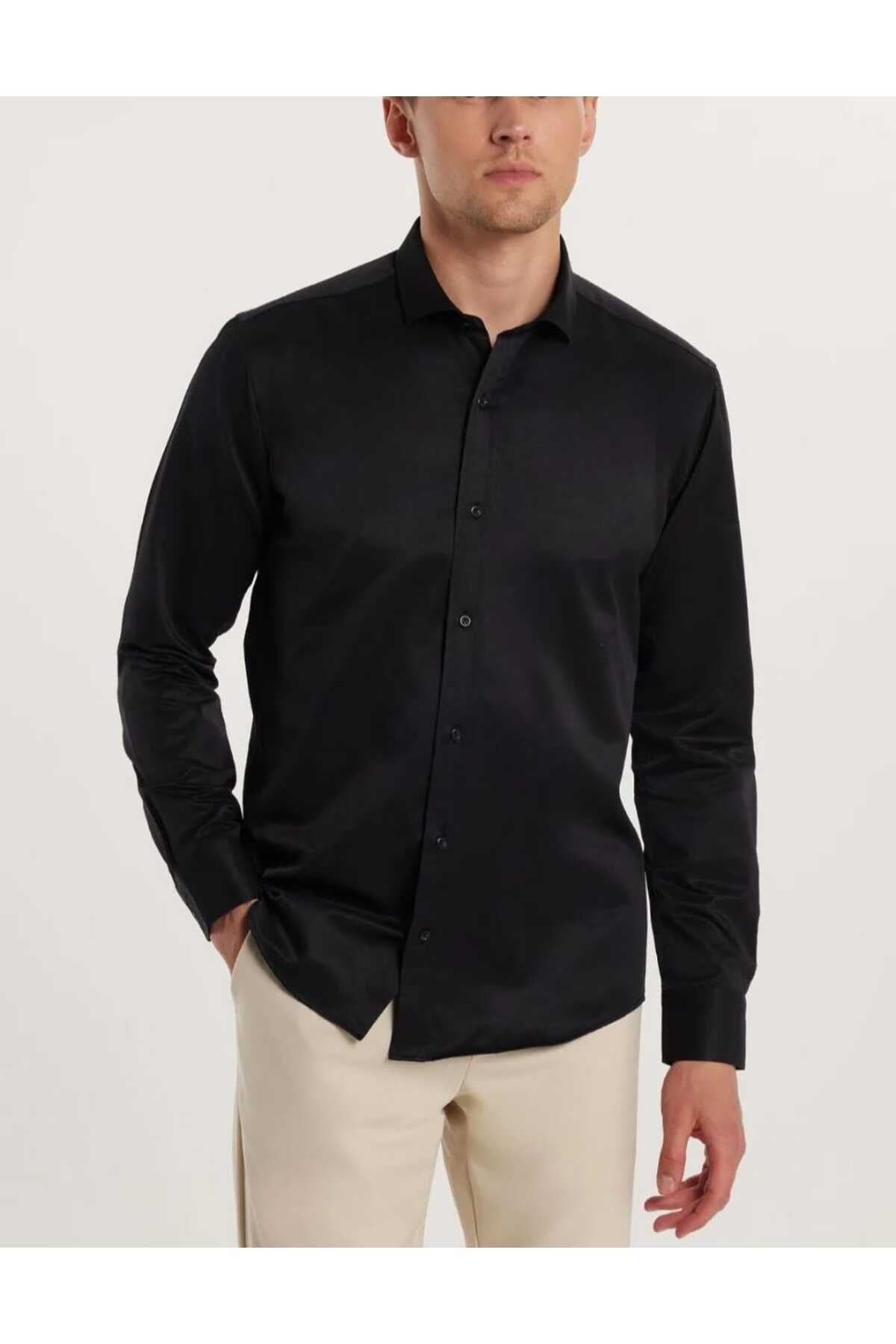 Rio Modern Slim Fit Uzun Kollu Düz Saten Pamuklu Erkek Siyah Gömlek