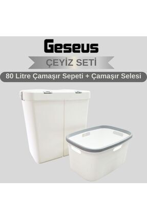 Geseus Gümüş Ikili Dokunmatik 80 Lt Çamaşır Sepeti+Çamaşır Selesi Çeyiz Seti-...